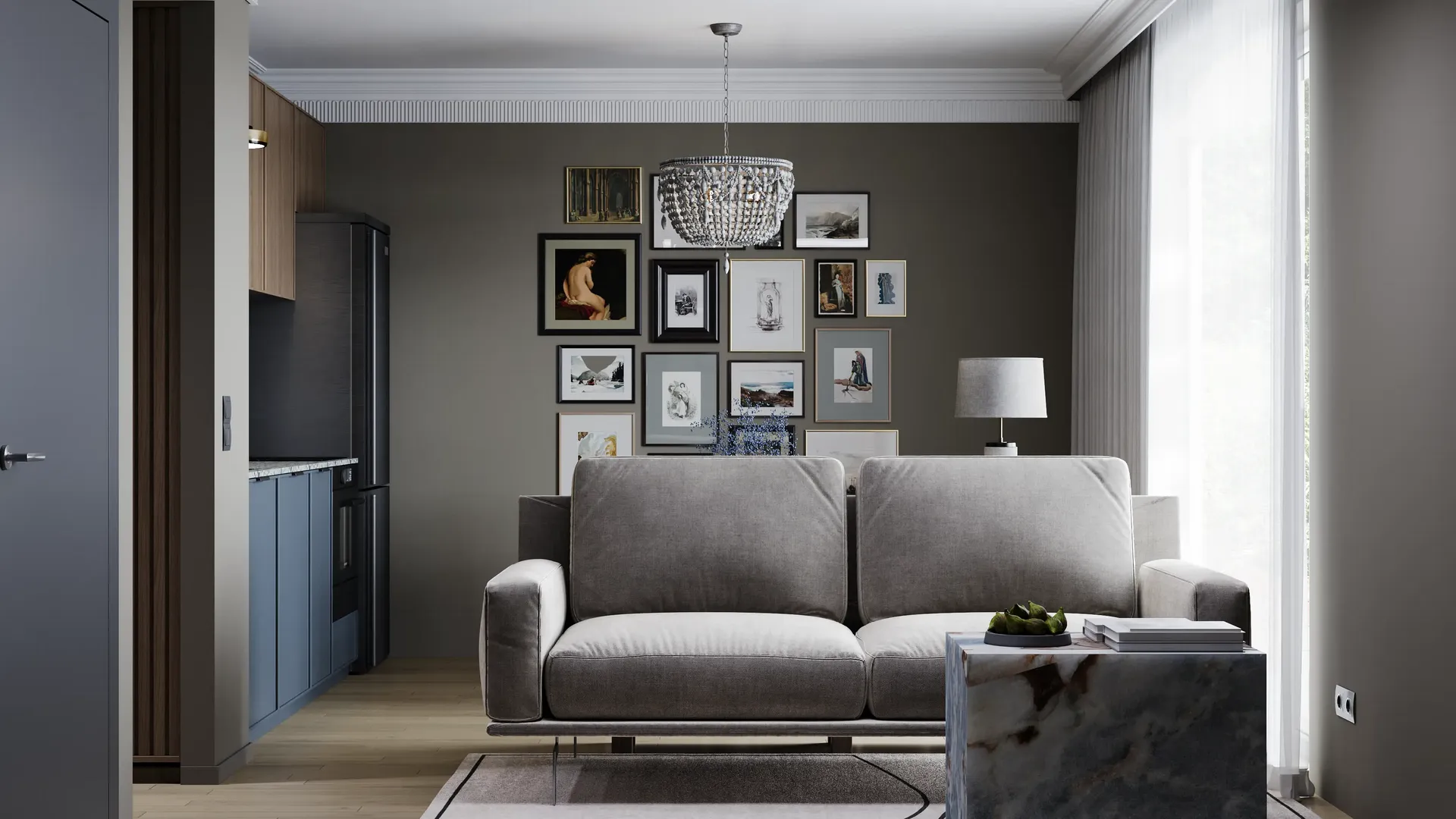 Living zone with a sofa and coffee table.