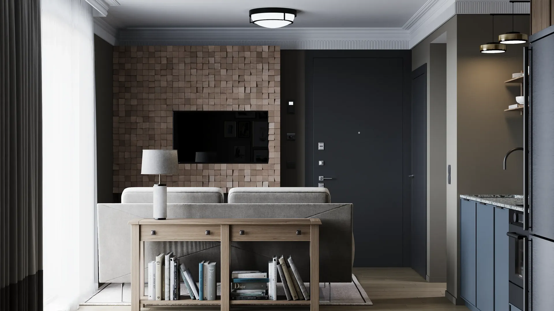 Entrance view looking towards the living room and console table.