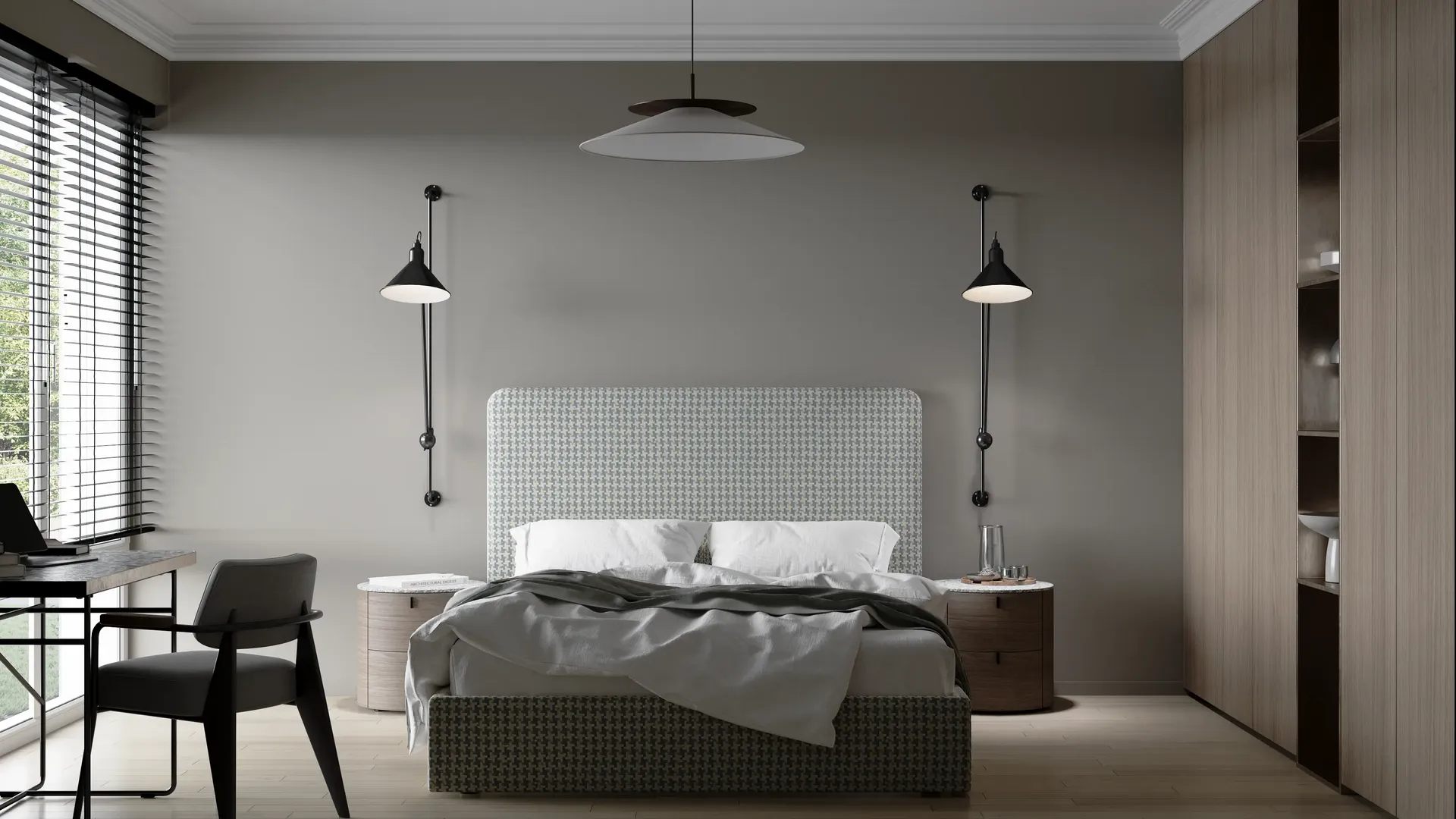 Front view of a bed, wardrobe, workspace, nightstands, and sconces.