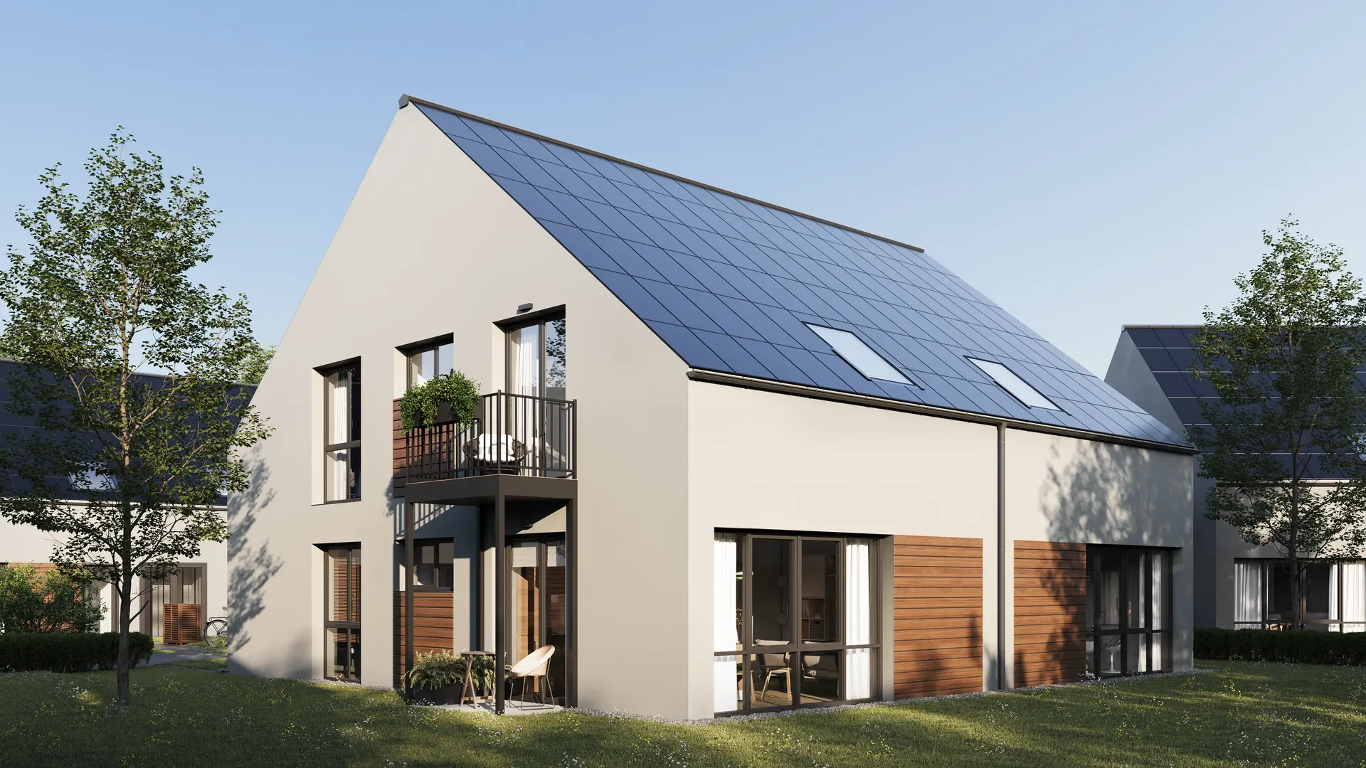 Angled view of a two-story house facade with terrace and balcony.