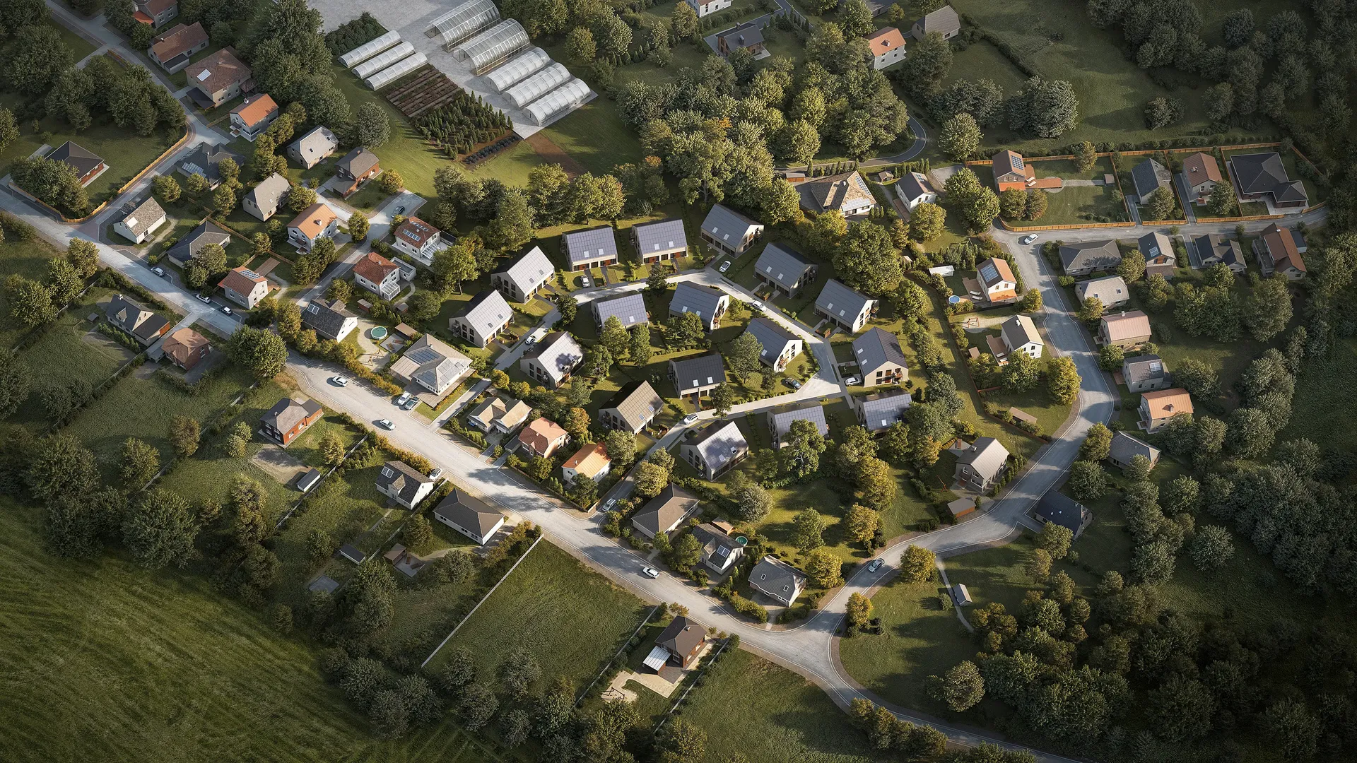 Aerial bird's-eye view of a residential complex (distant).