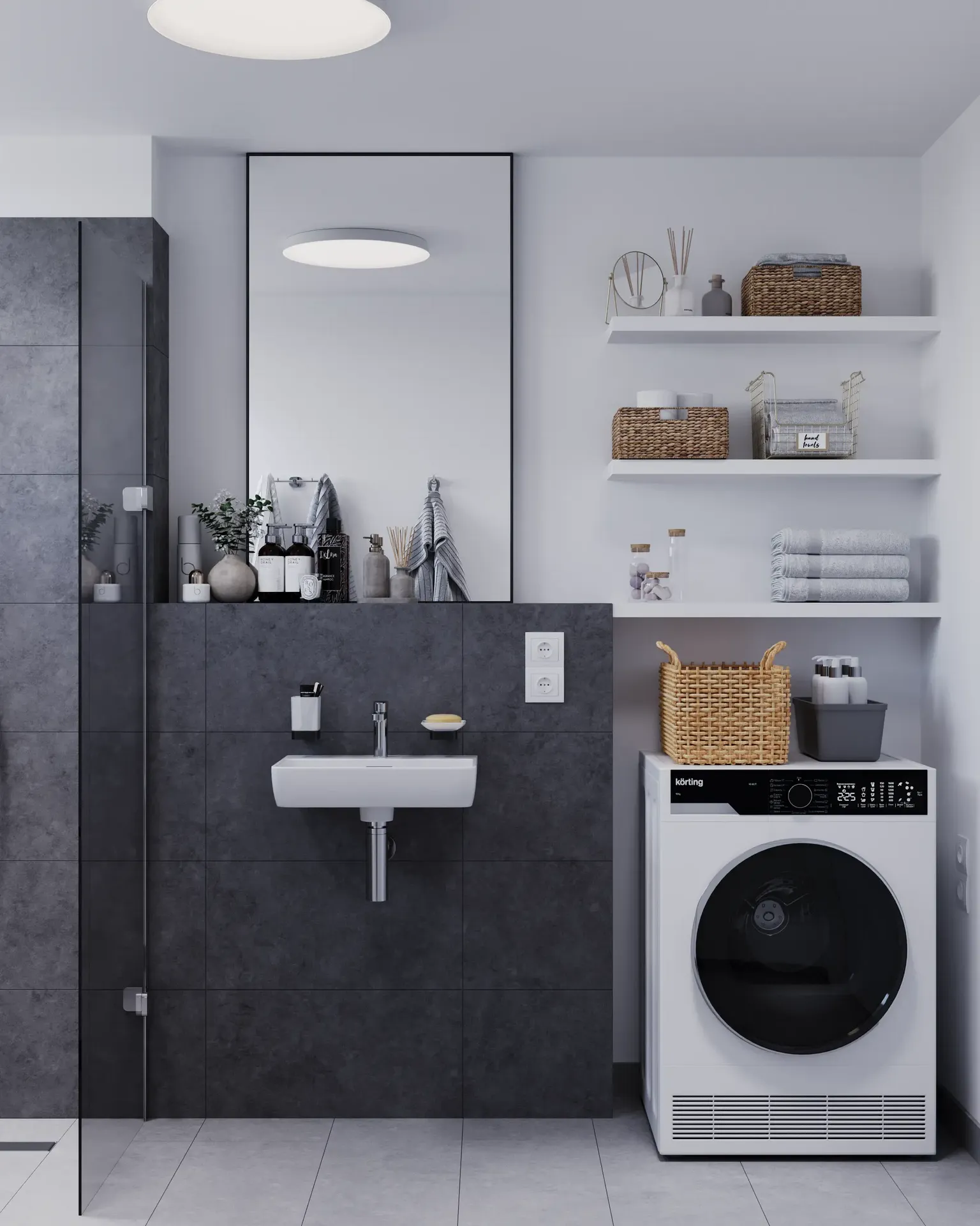 Front view of a sink, mirror, washing machine, and storage shelves.