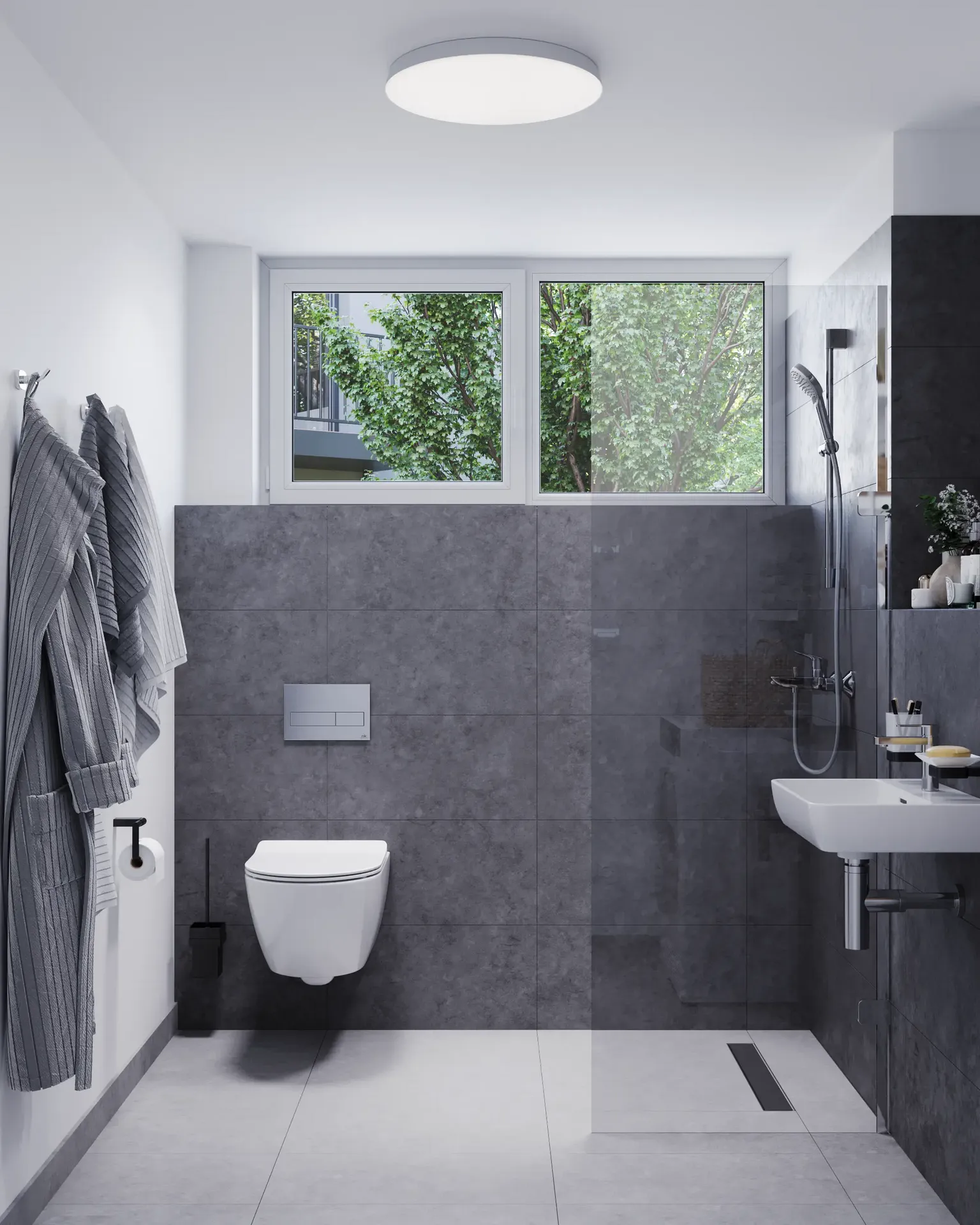 Front view of a toilet installation and shower area.