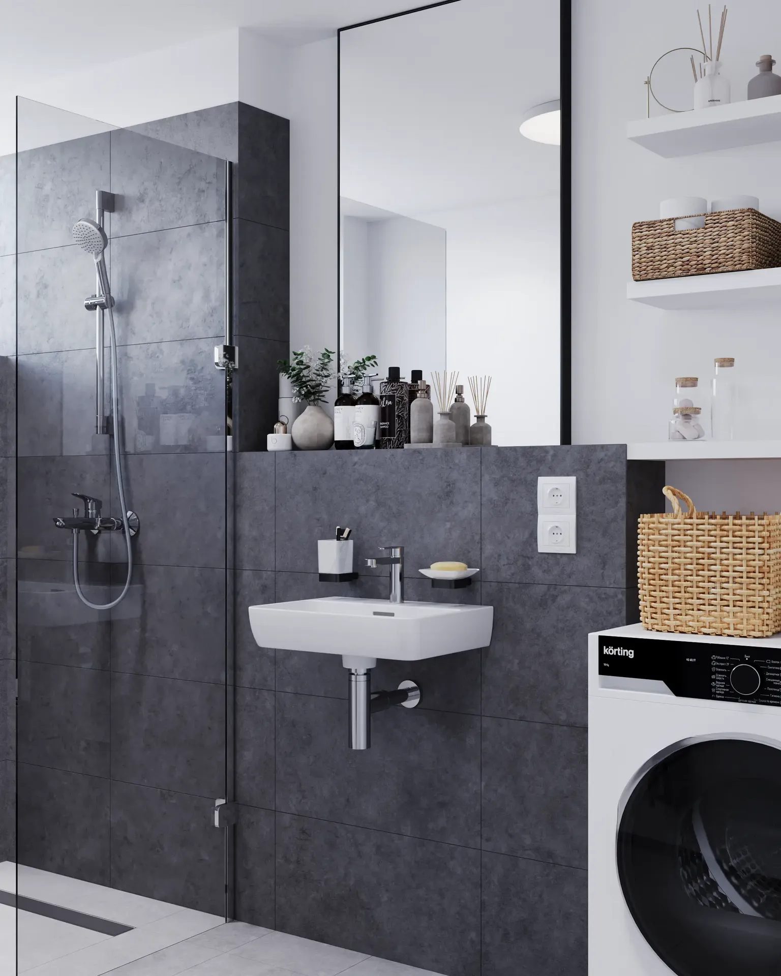 Angled view of a shower and sink.