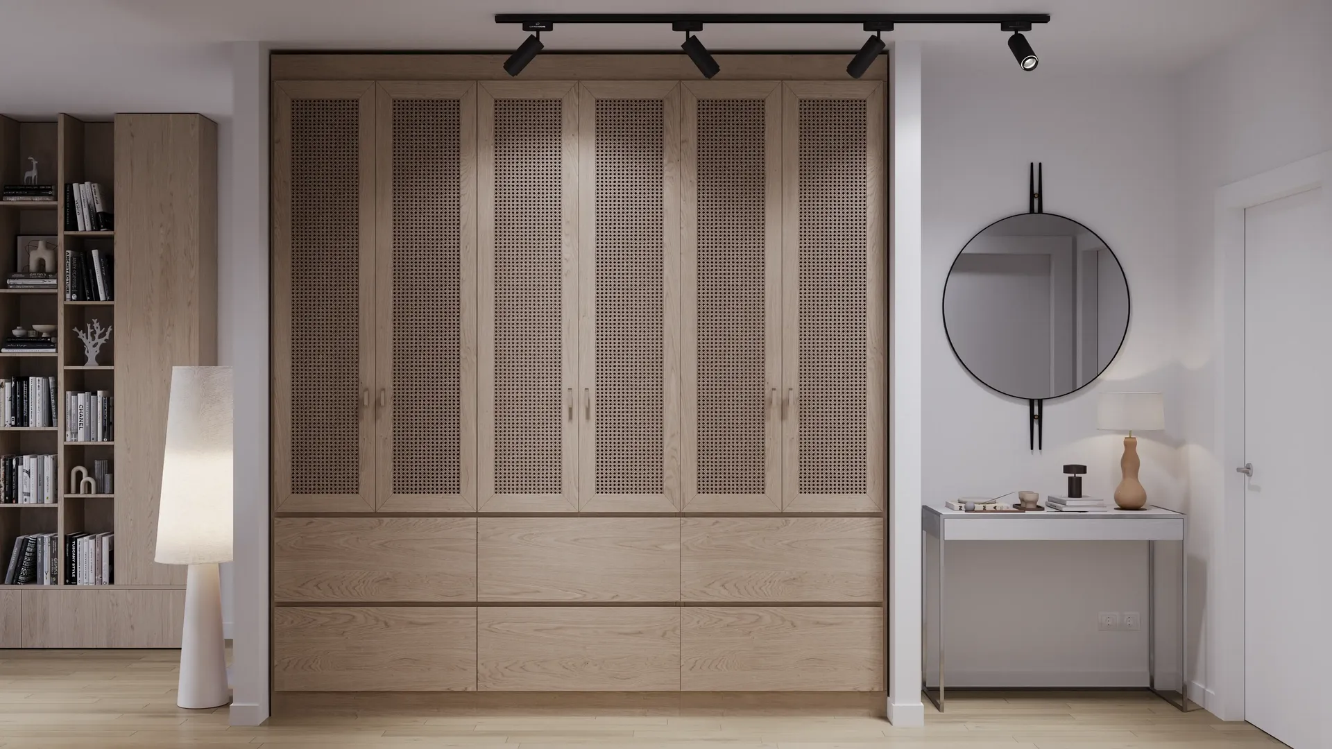 Front view of a wardrobe and console table with a mirror.