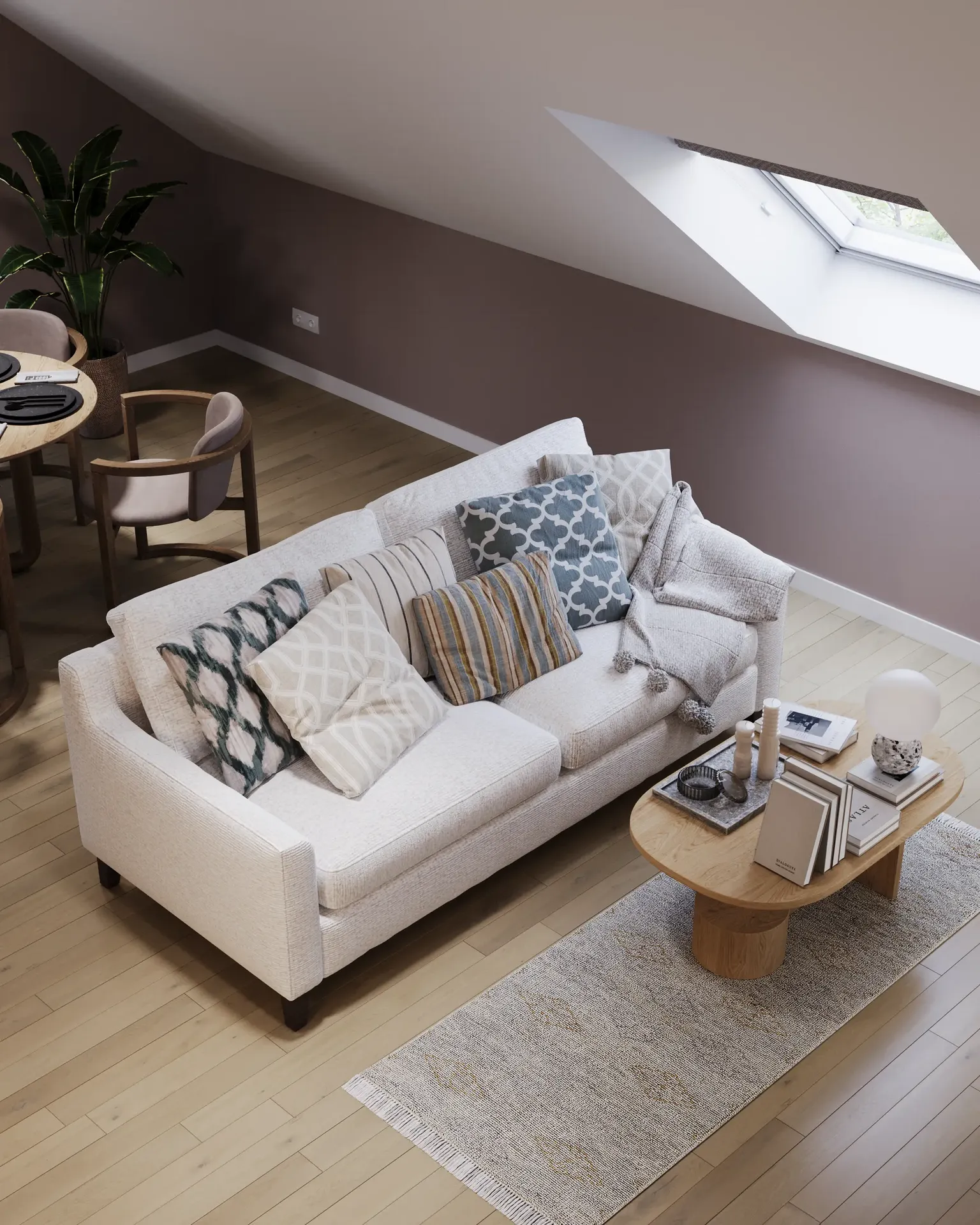 Top-down view of a sofa and coffee table.