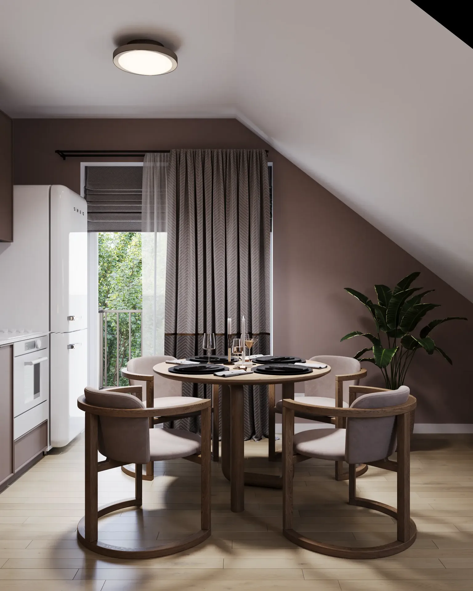 Front view of a kitchen unit and dining area.