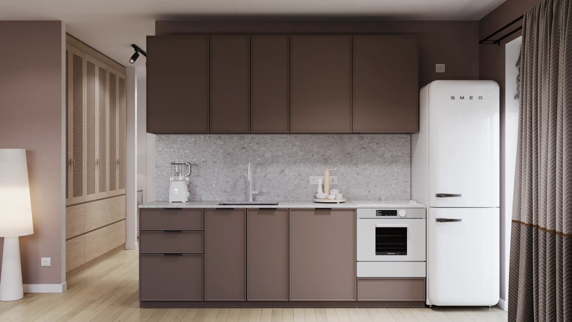 Front view of a kitchen, hallway entrance, floor lamp, and wardrobe.