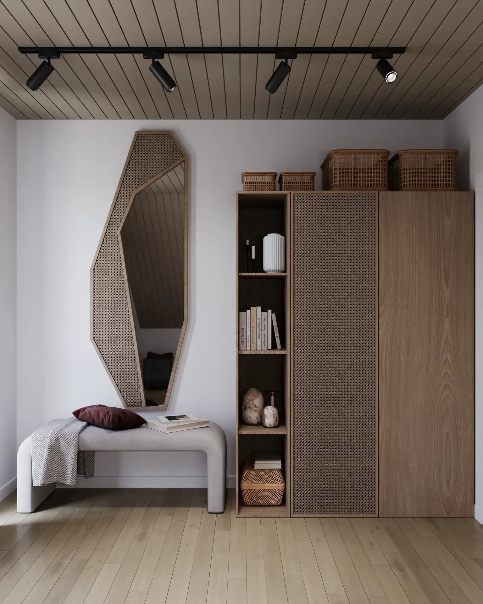 Front view of a wardrobe, bench, and mirror.