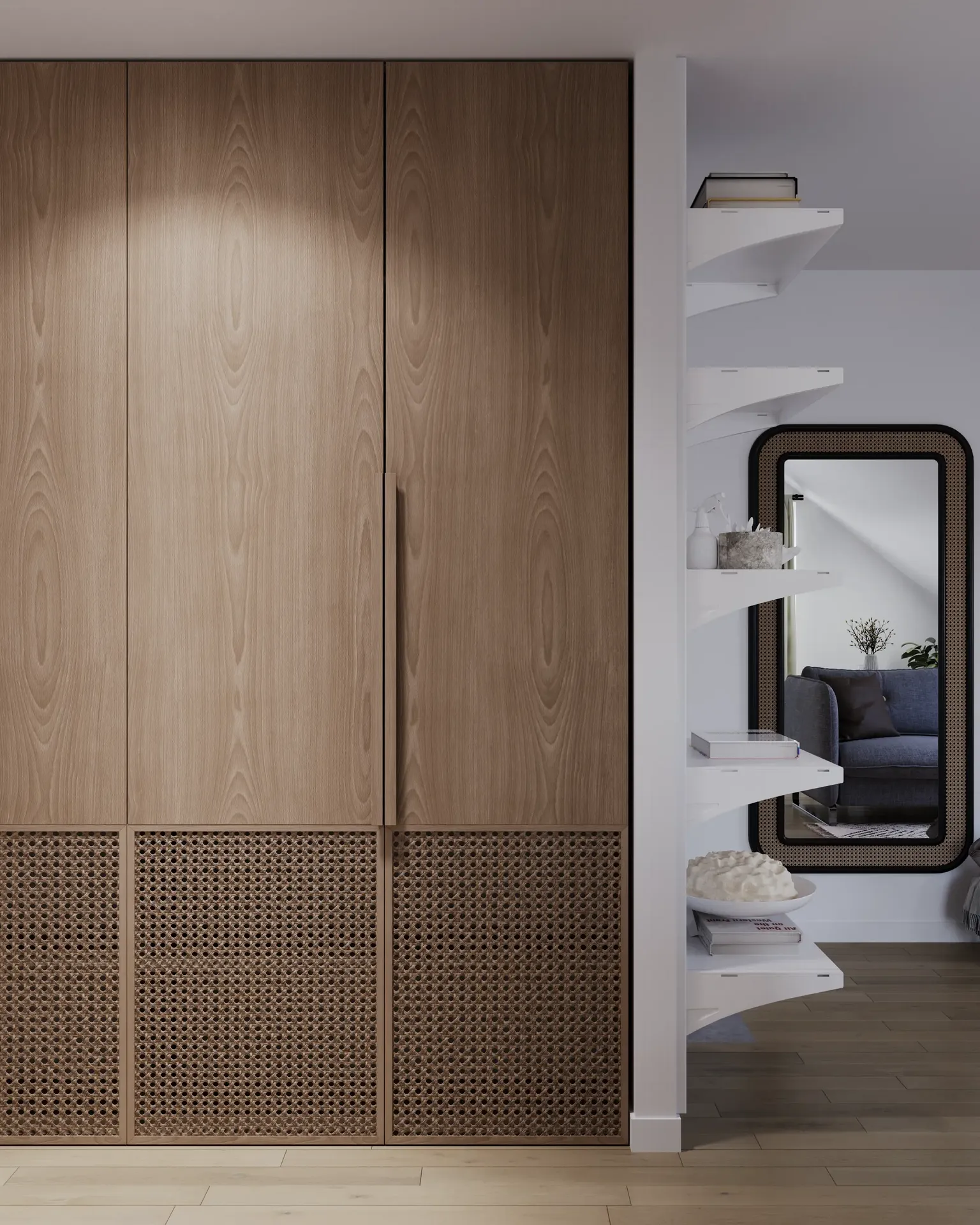 View of part of a wardrobe and shelving with a mirror.