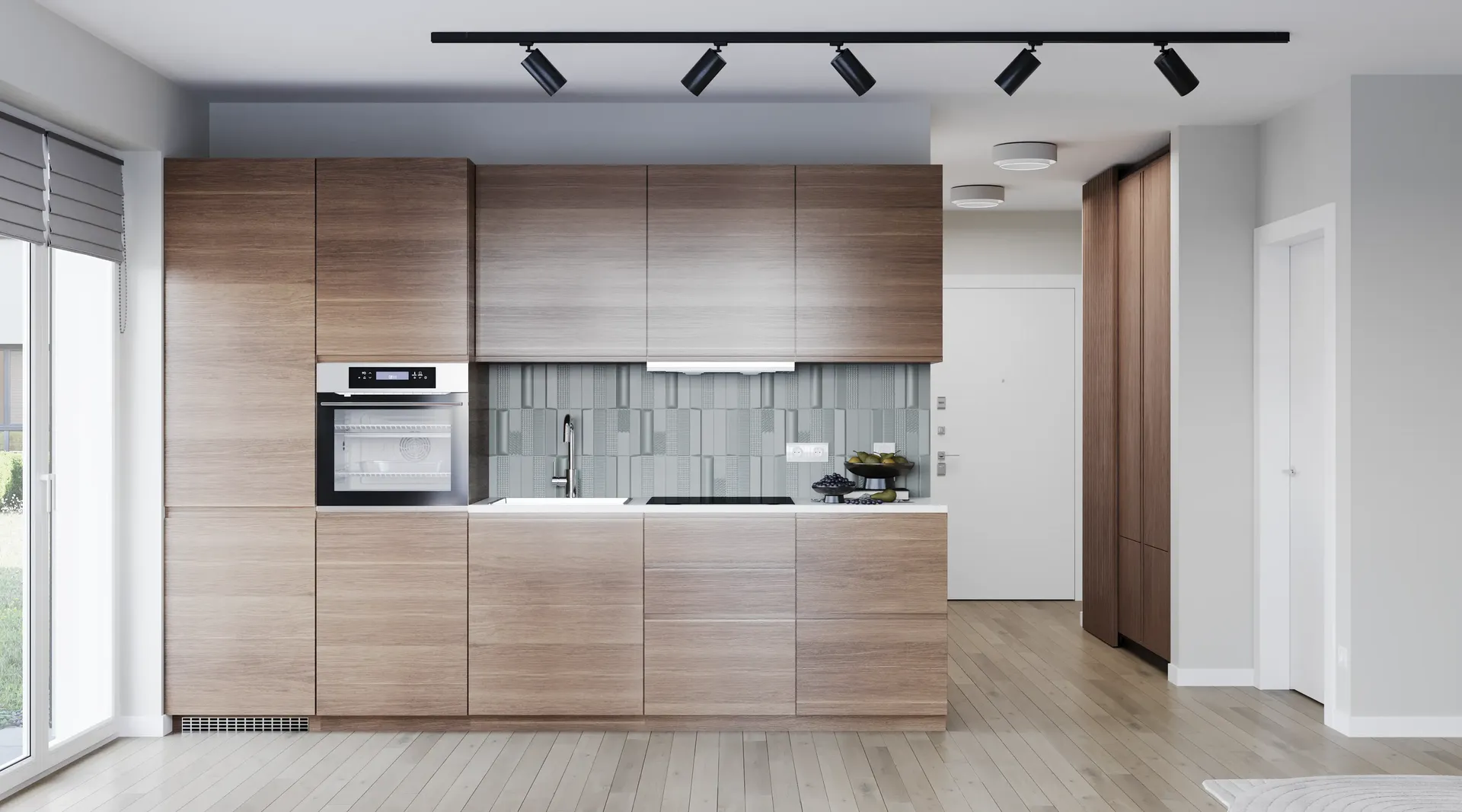 Front view of a kitchen unit and entrance zone.