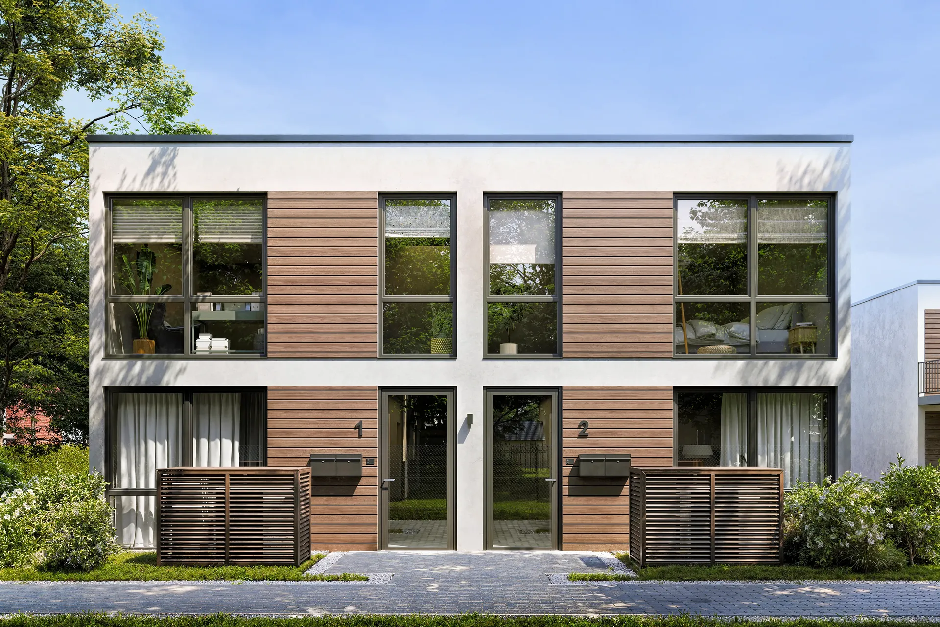 Front view of a house and entrance zones.