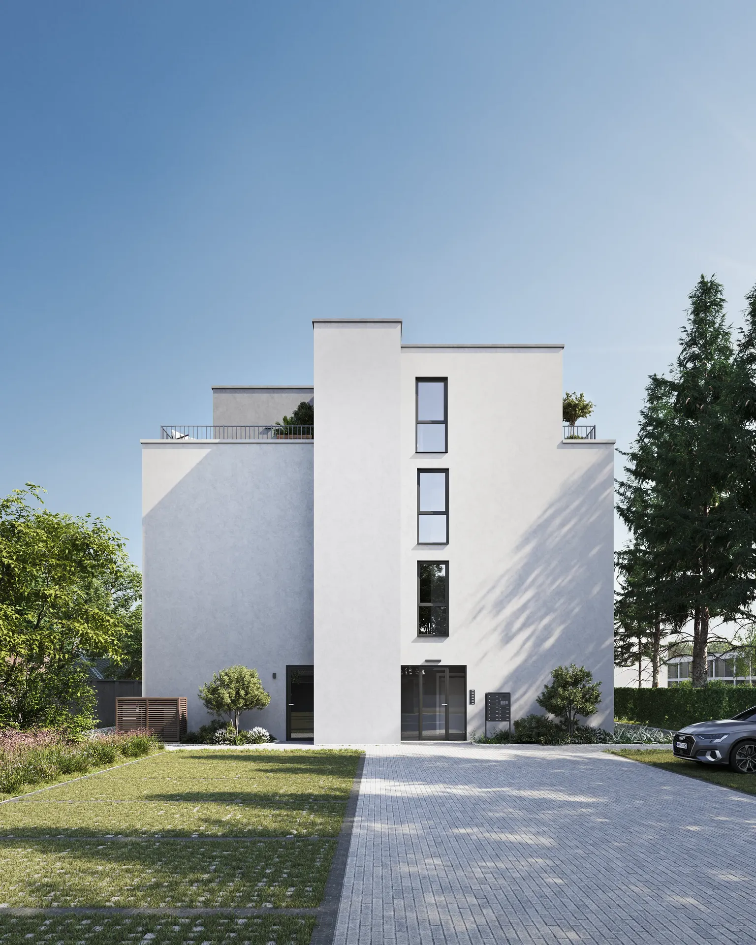 View of a house and parking spaces nearby.