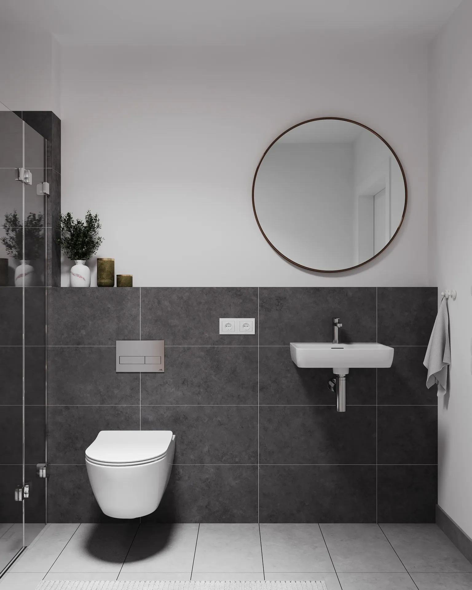 Front view of a sink, toilet installation, mirror, and shower.