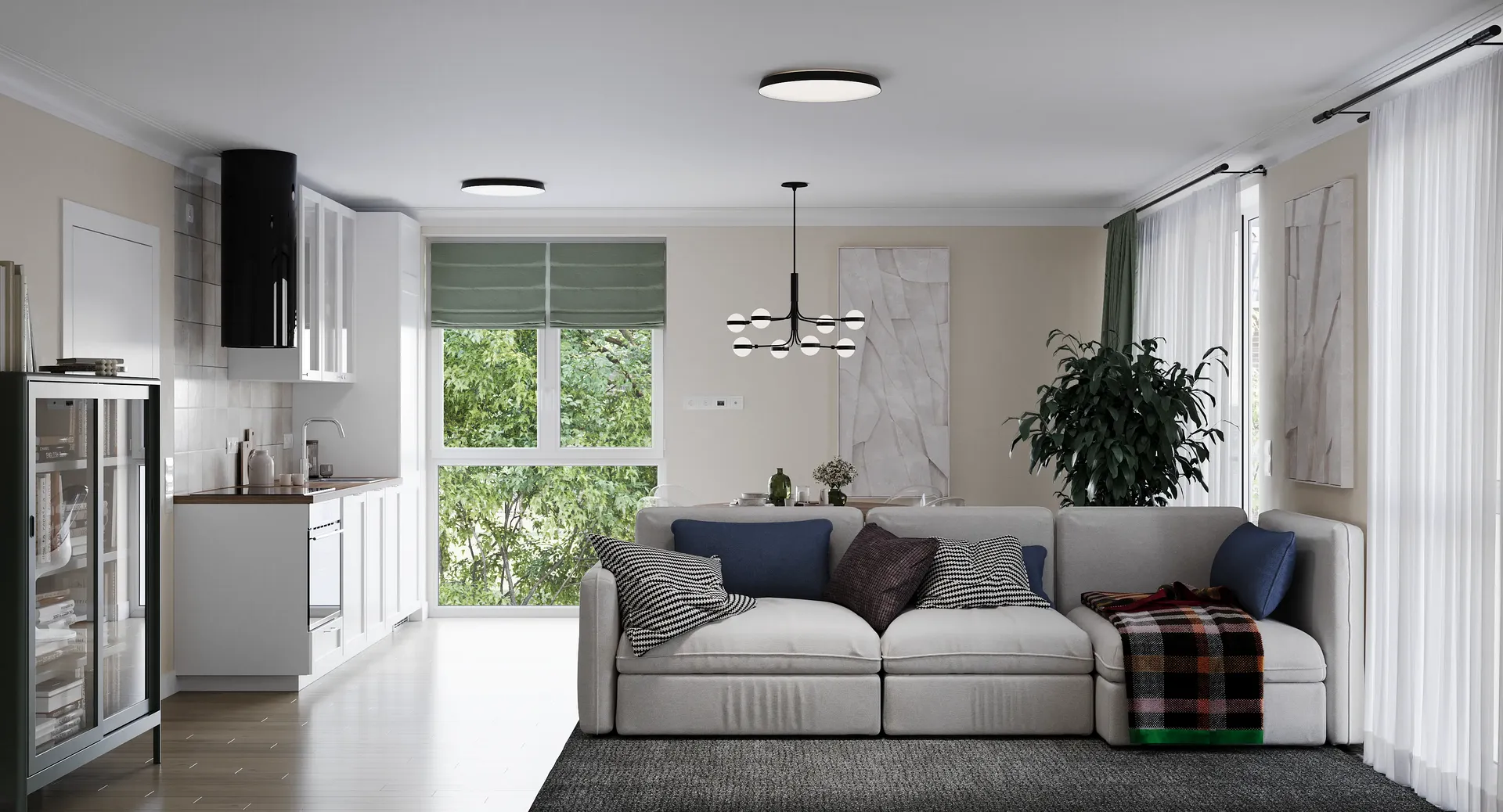 General living room view with sofa, TV, and dining area.