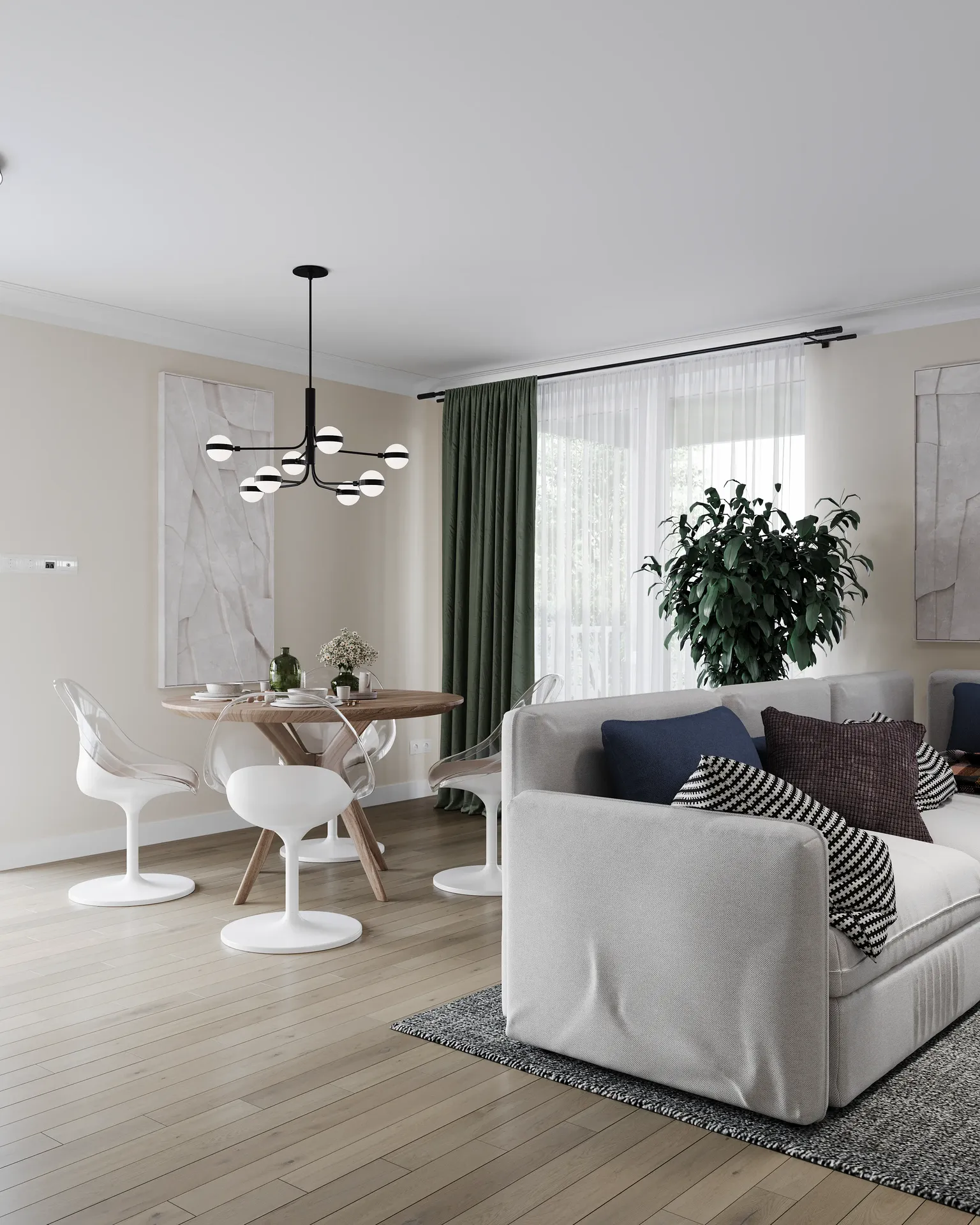 Angled view of a dining table and sofa.