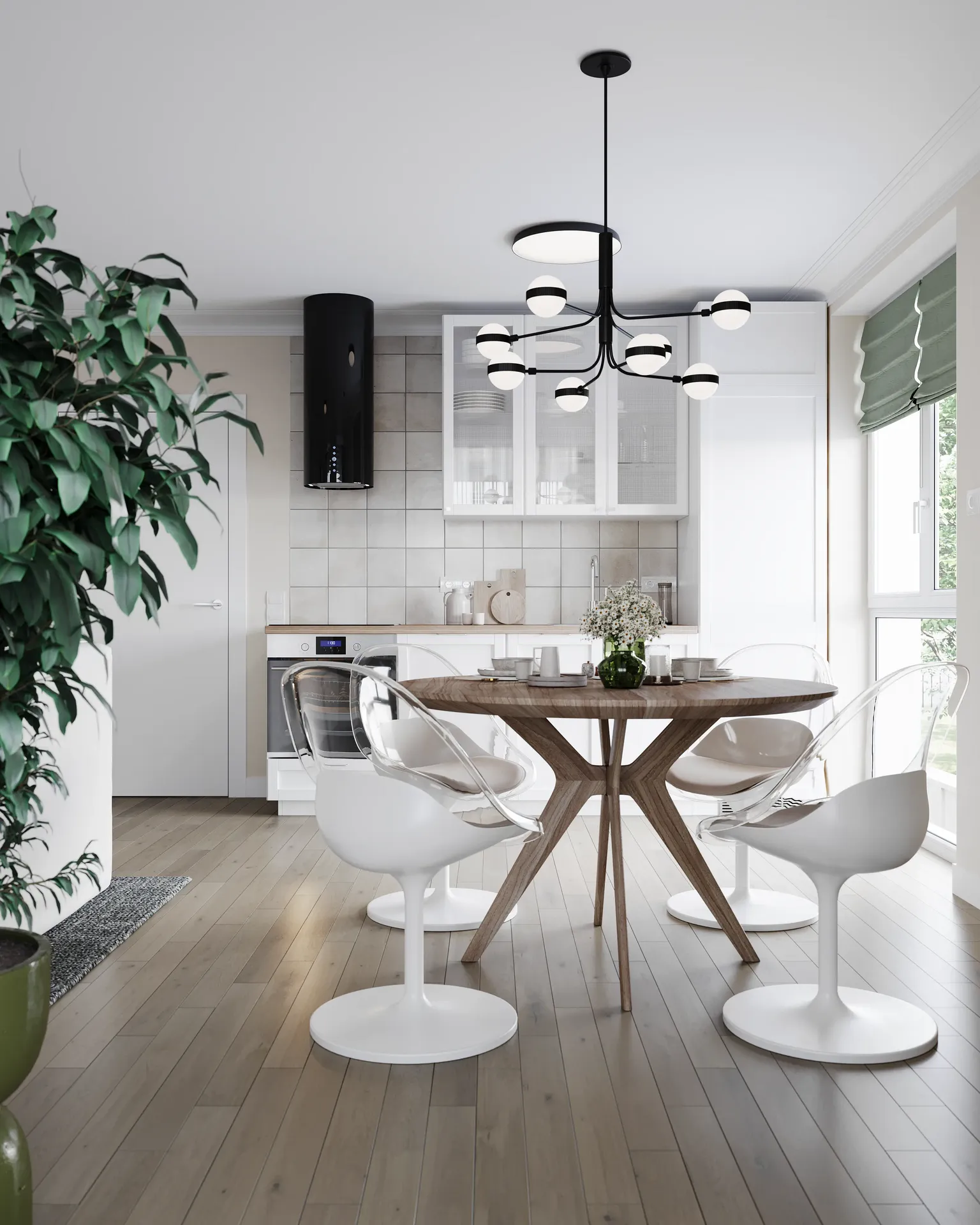 Dining table for four people and kitchen cabinetry.