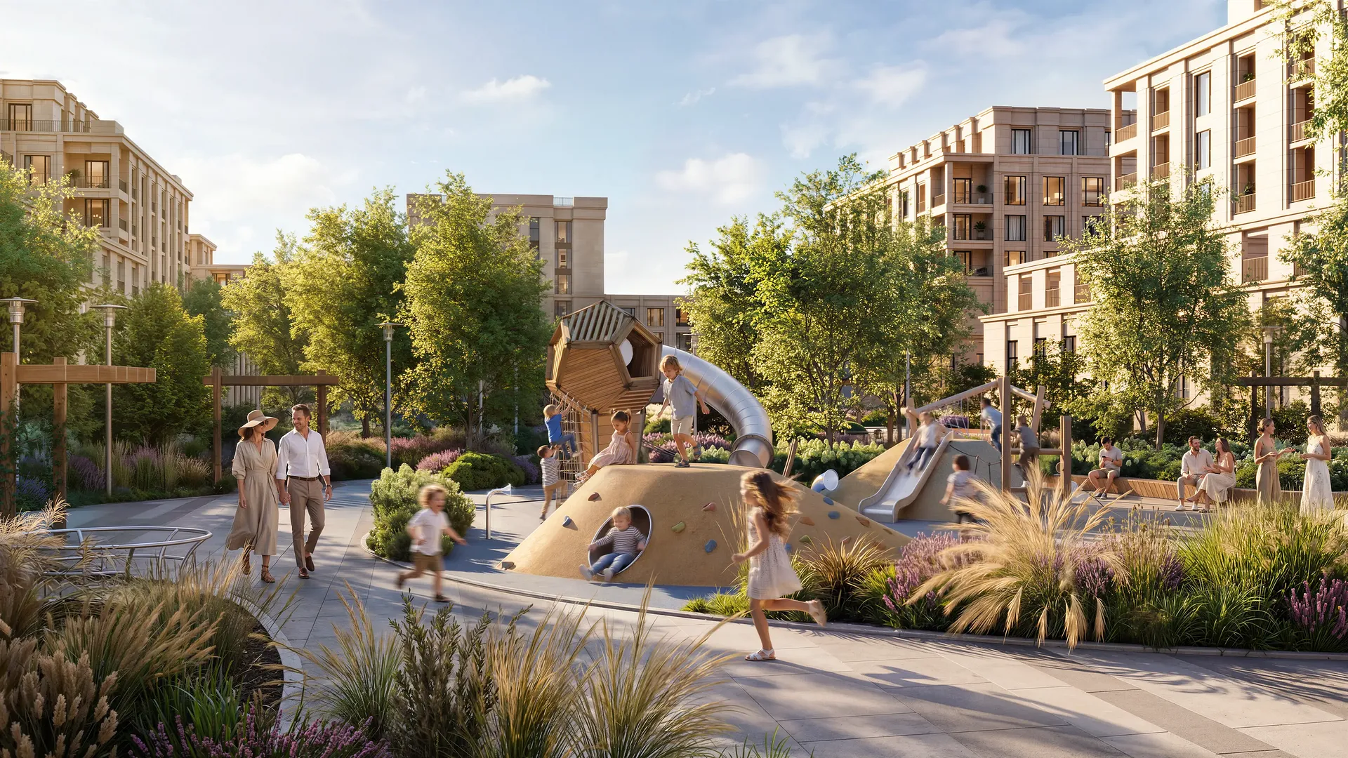 Sunny playground with children playing.