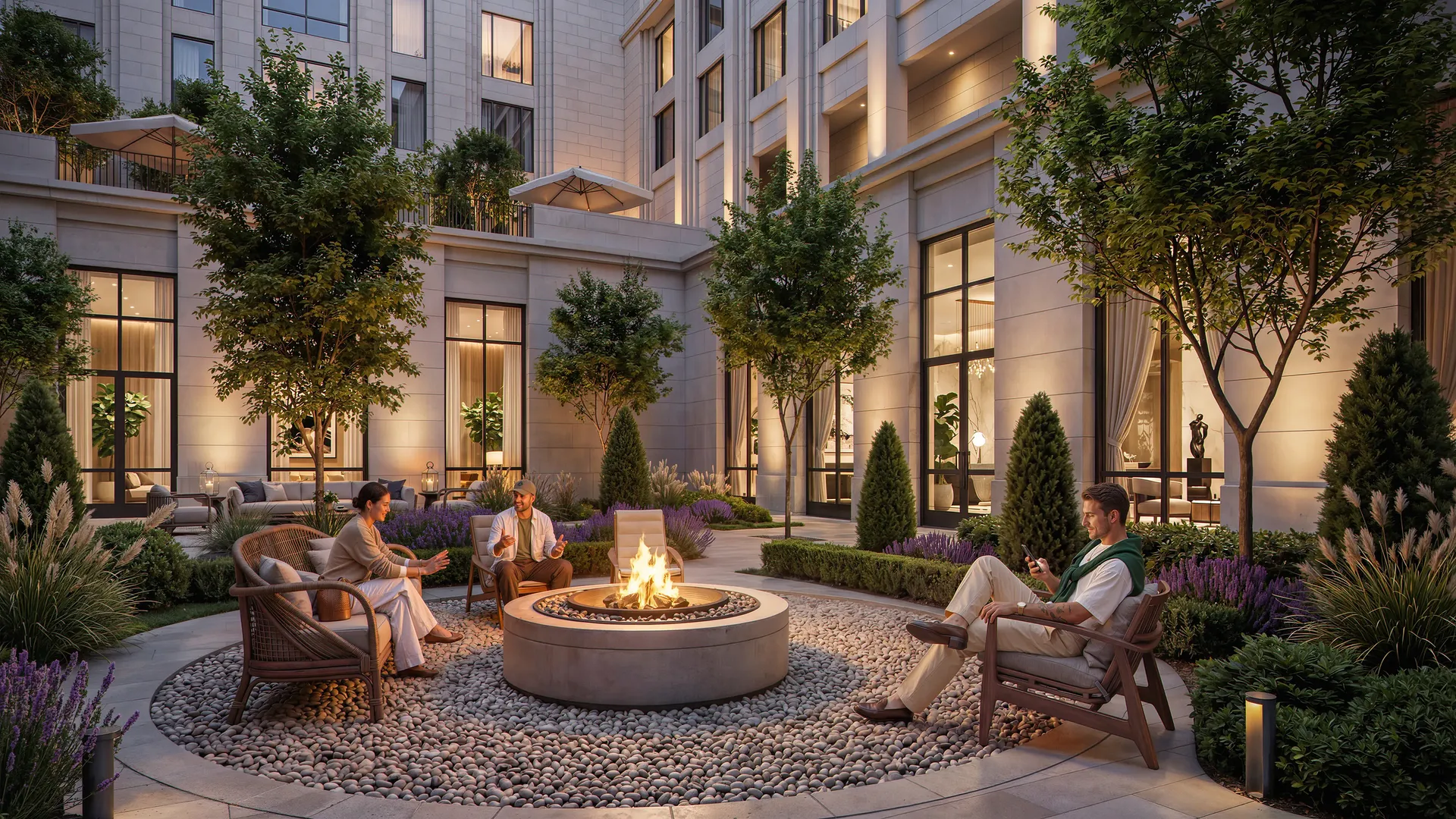 Inner courtyard with a fire pit and residents relaxing.
