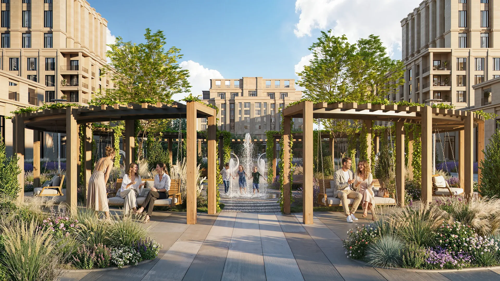 View of a fountain and gazebos with people in the sun.
