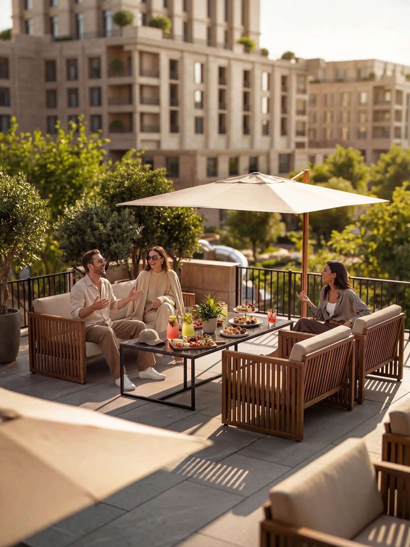 Residents relaxing on a balcony with sofas and snacks.