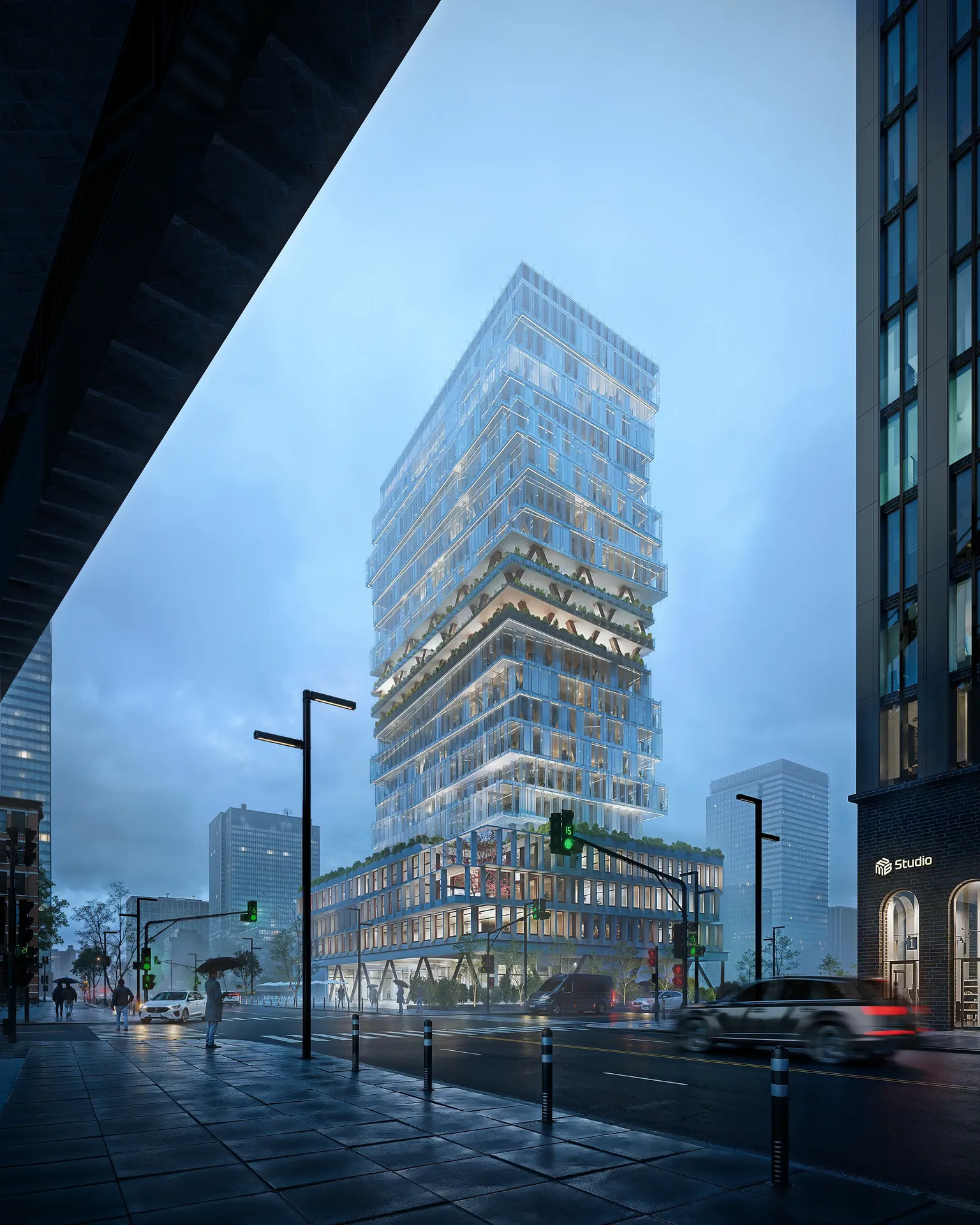 Atmospheric rainy evening view of a modern skyscraper and a city avenue, with wet streets reflecting city lights.