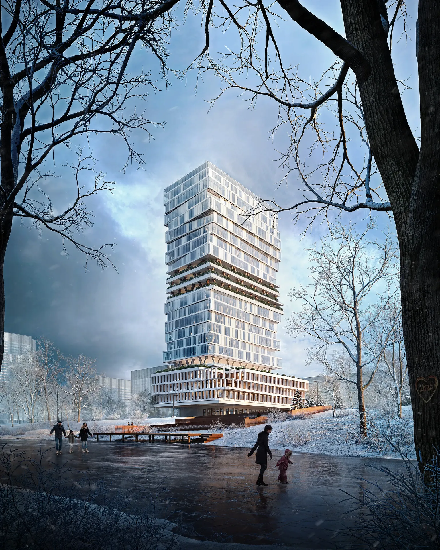 Winter view of a modern skyscraper overlooking an outdoor ice rink, with families and children skating.