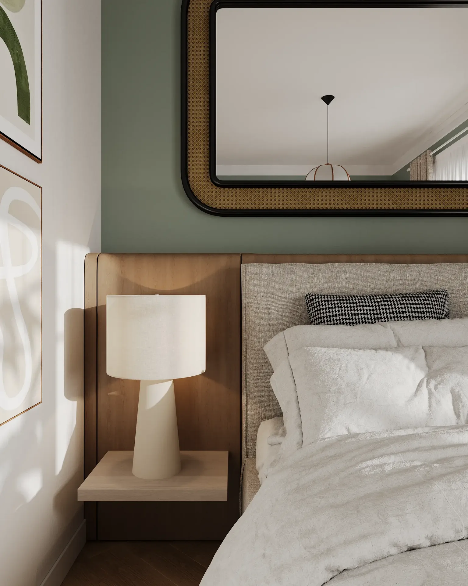 Close-up of a bedside table, lamp, and headboard detail.