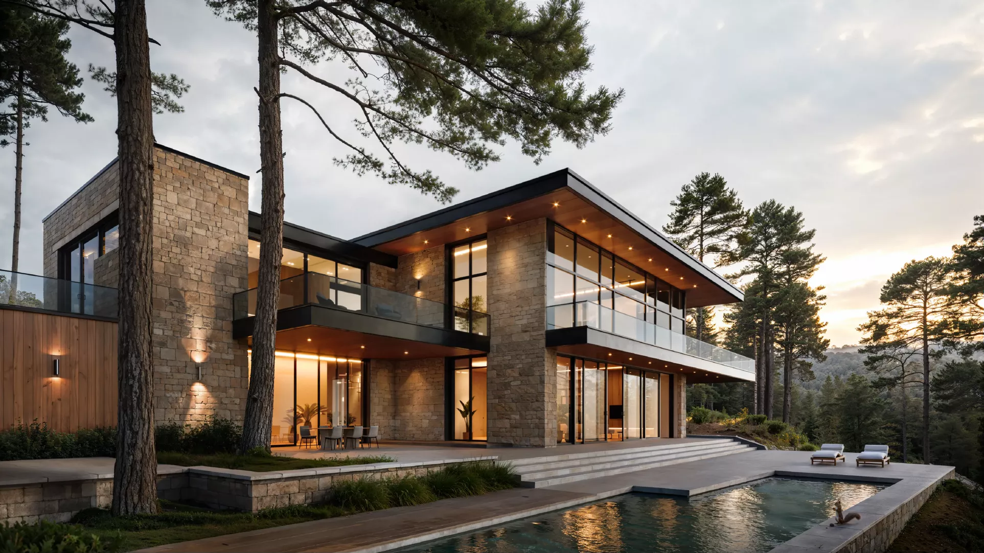 Illuminated villa with a pool in a pine forest at night.