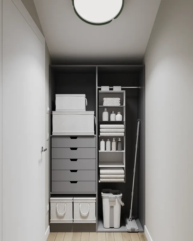 Shelving unit with drawers for household chemical storage.