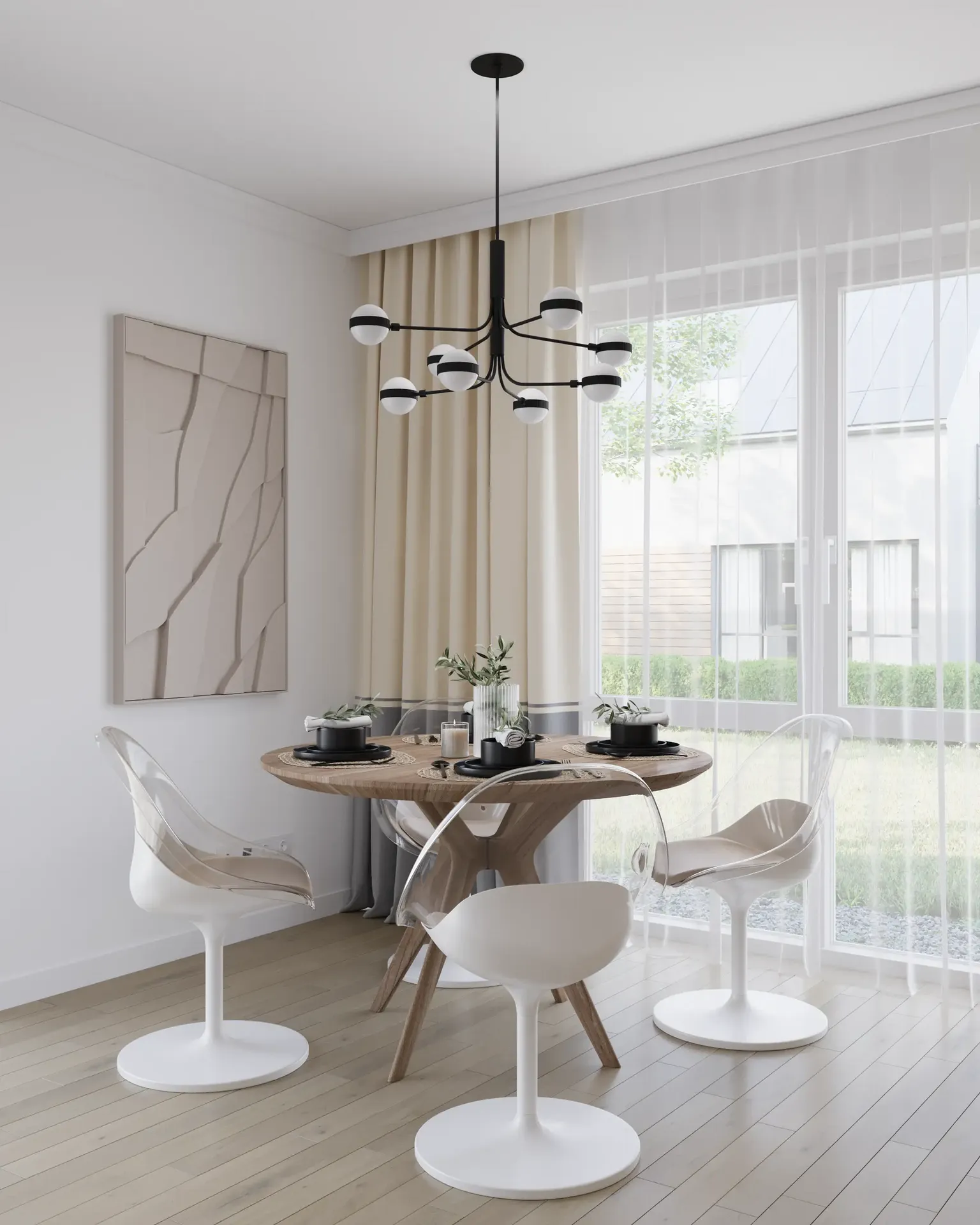 Dining area by the window for four people.