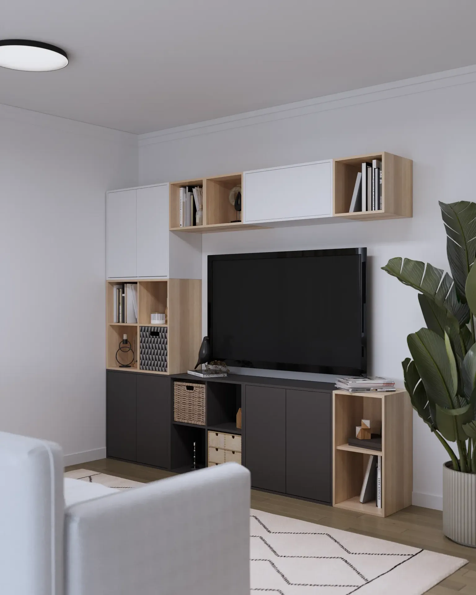 Angled view of a TV zone with shelving and storage.