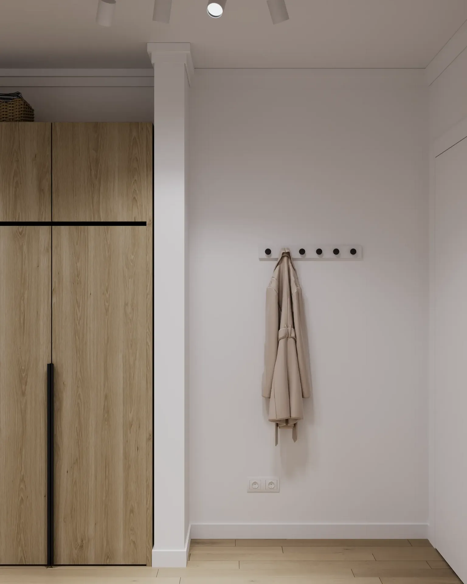 View of coat hooks and part of a wardrobe.
