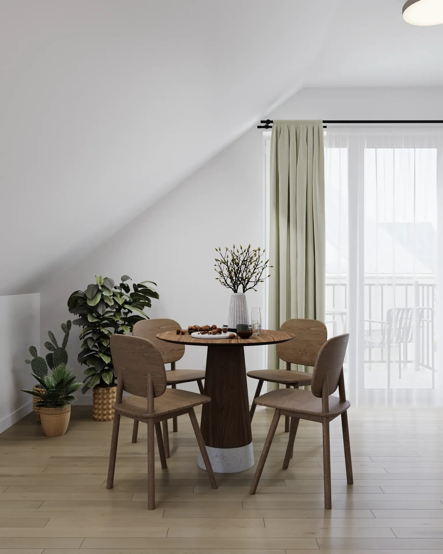 Dining area by the window for four people with a plant corner.