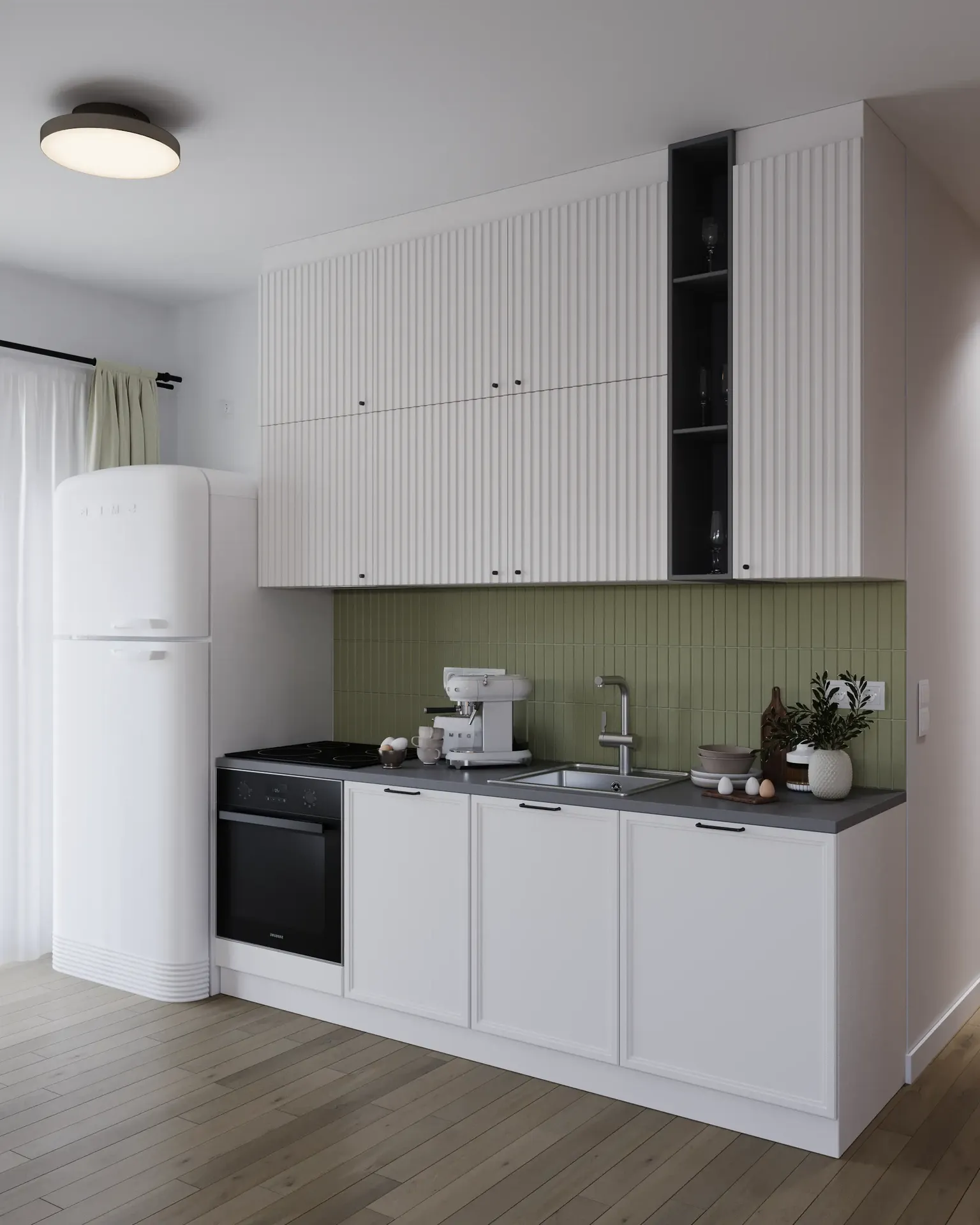 Angled view of a kitchen unit and refrigerator.