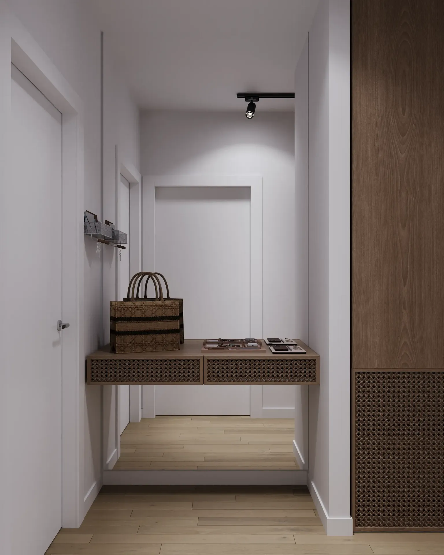 Console table with a mirror in the hallway.