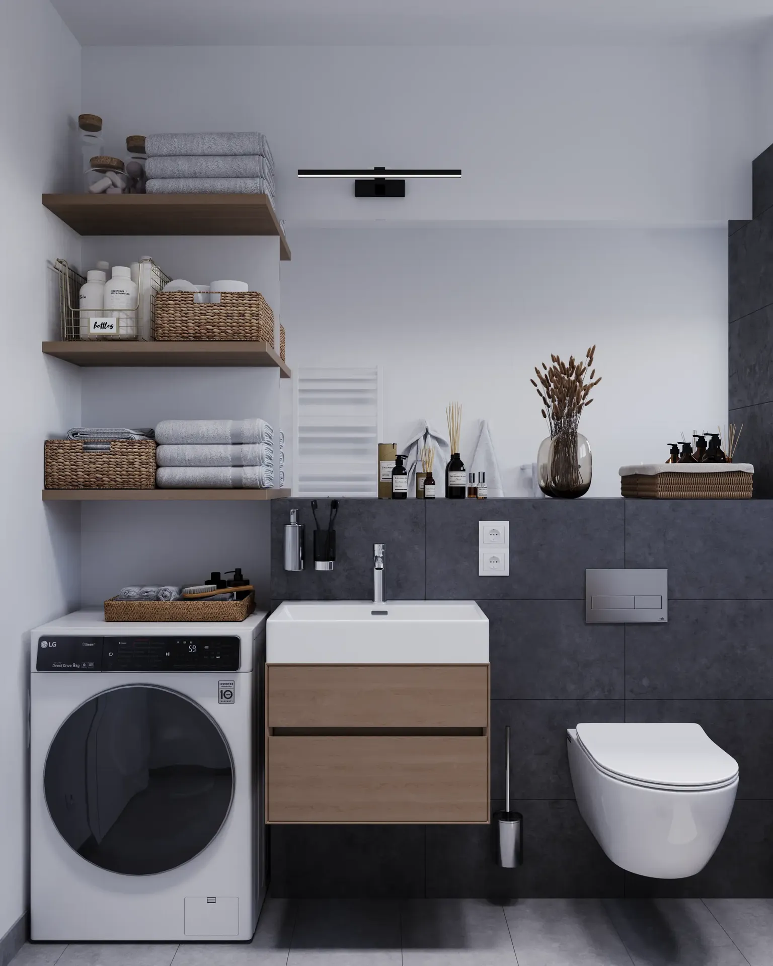 Front view of a sink, washing machine, storage, and toilet.