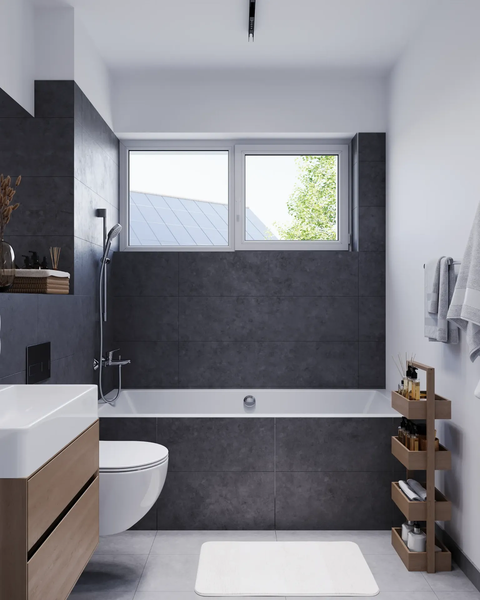 Front view of a bathroom vanity and storage rack.