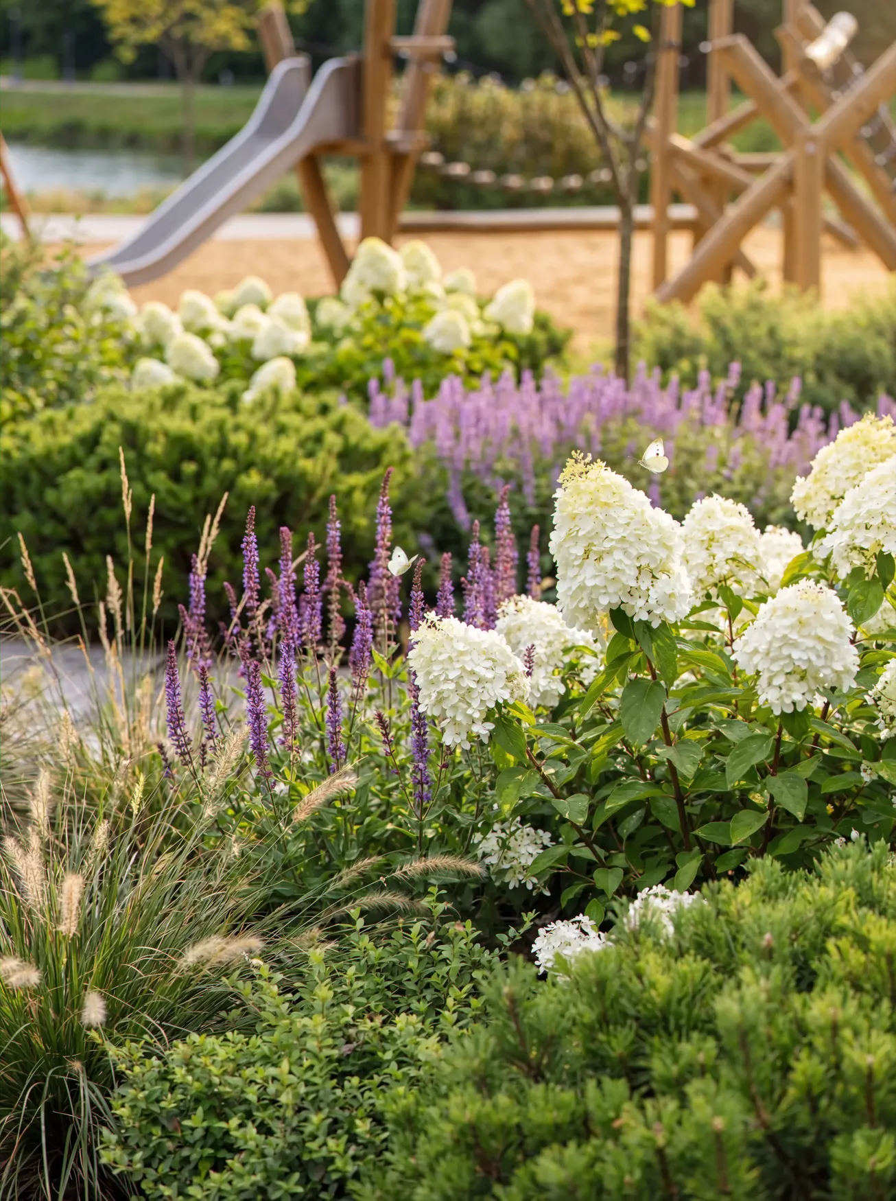 Landscape architecture detail featuring white Hydrangea paniculata, purple Salvia, and ornamental grasses. A wooden children's playground with a slide is visible in the blurred background, showcasing naturalistic park design.