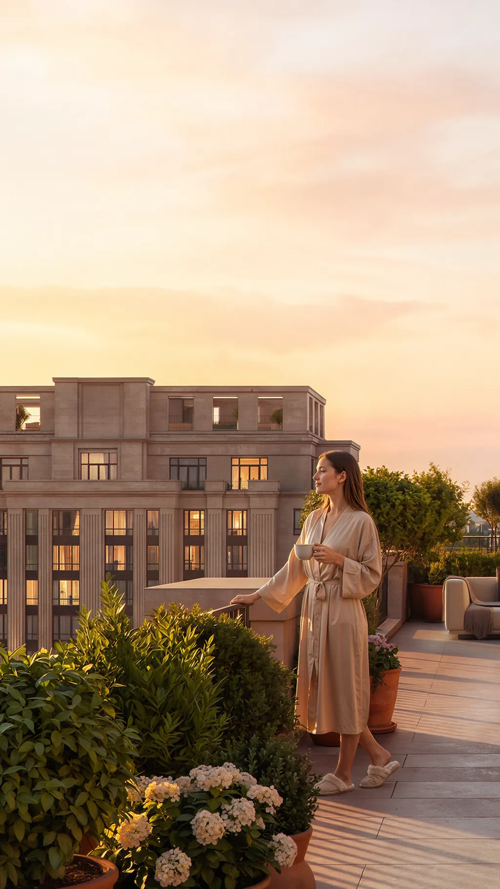 Luxury penthouse rooftop terrace design at golden hour. The outdoor living space features a round marble dining table, upholstered chairs, and a lounge area. A woman in a robe stands by the railing of the stone facade building overlooking the sunset.