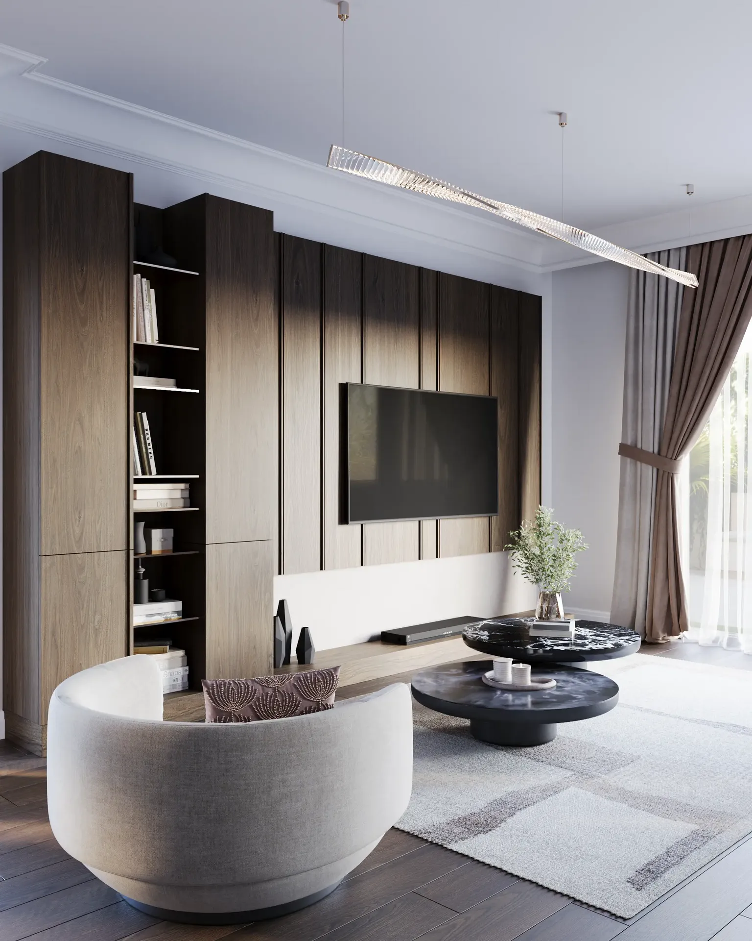 Spacious living room media center and TV wall design