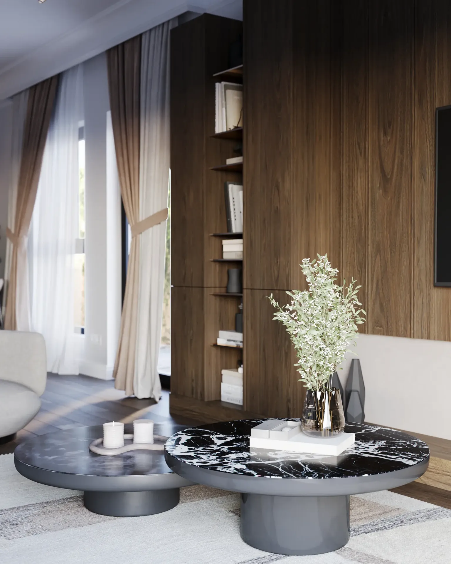 Modern coffee table detail in spacious living room lounge