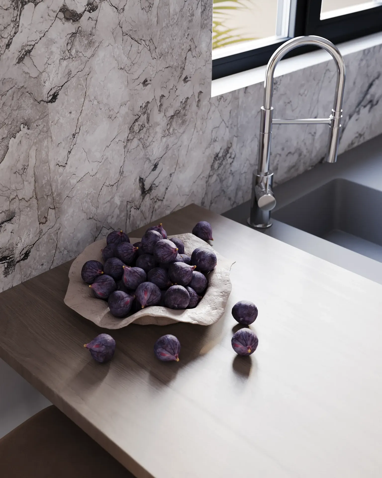 Close-up top view of bar counter styling details