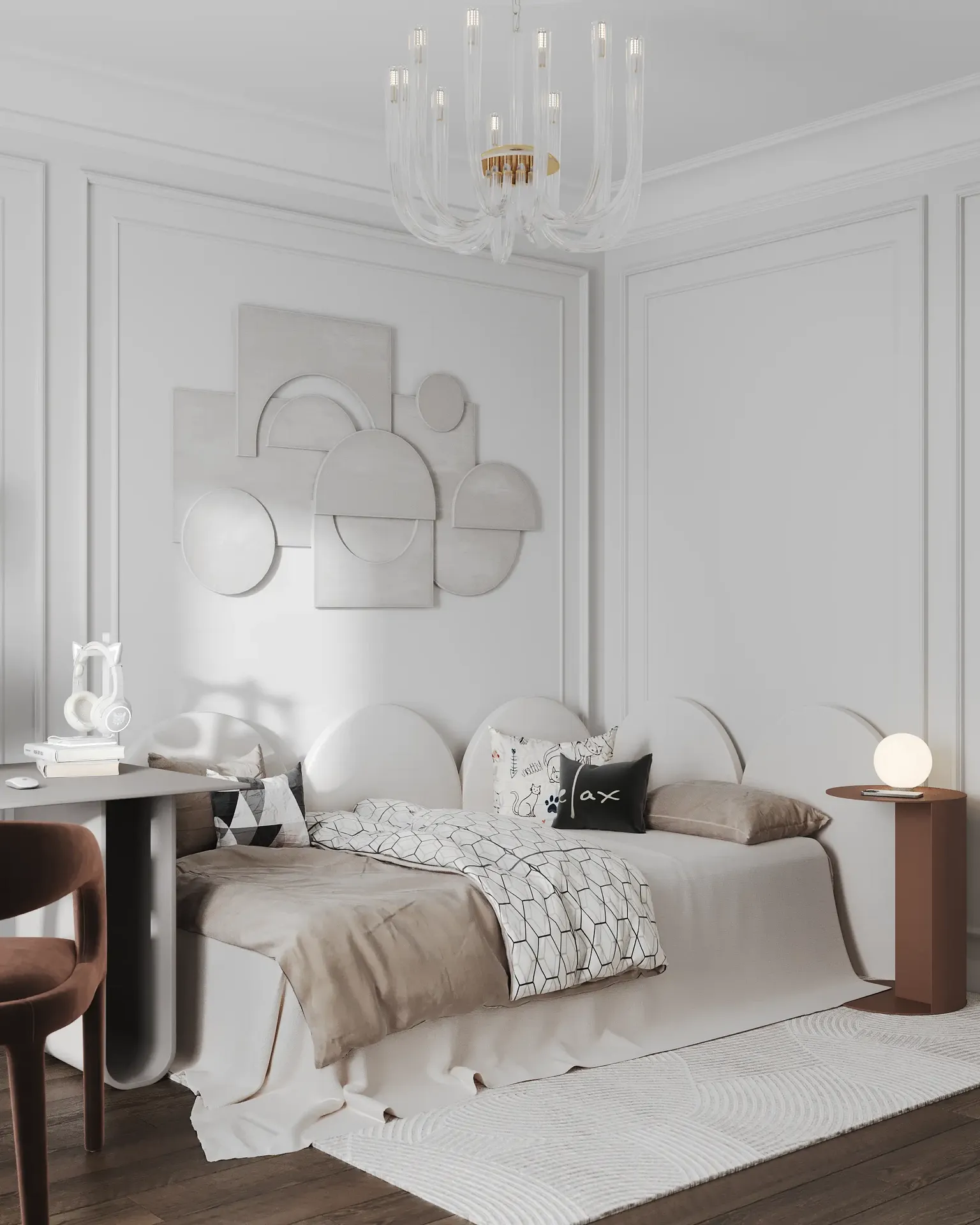 Teen bedroom interior design featuring modern bed setup