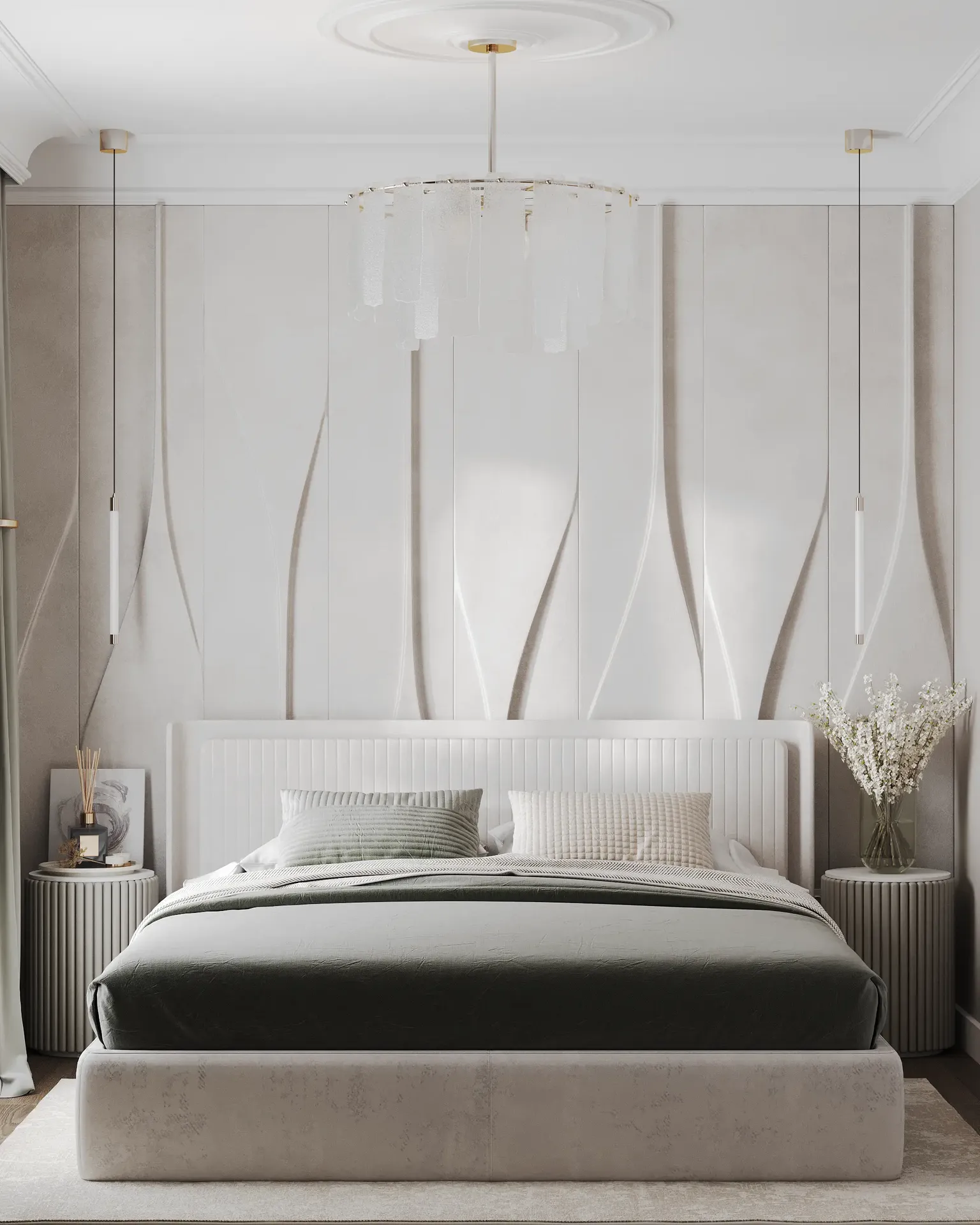 Symmetrical view of bed with matching nightstands