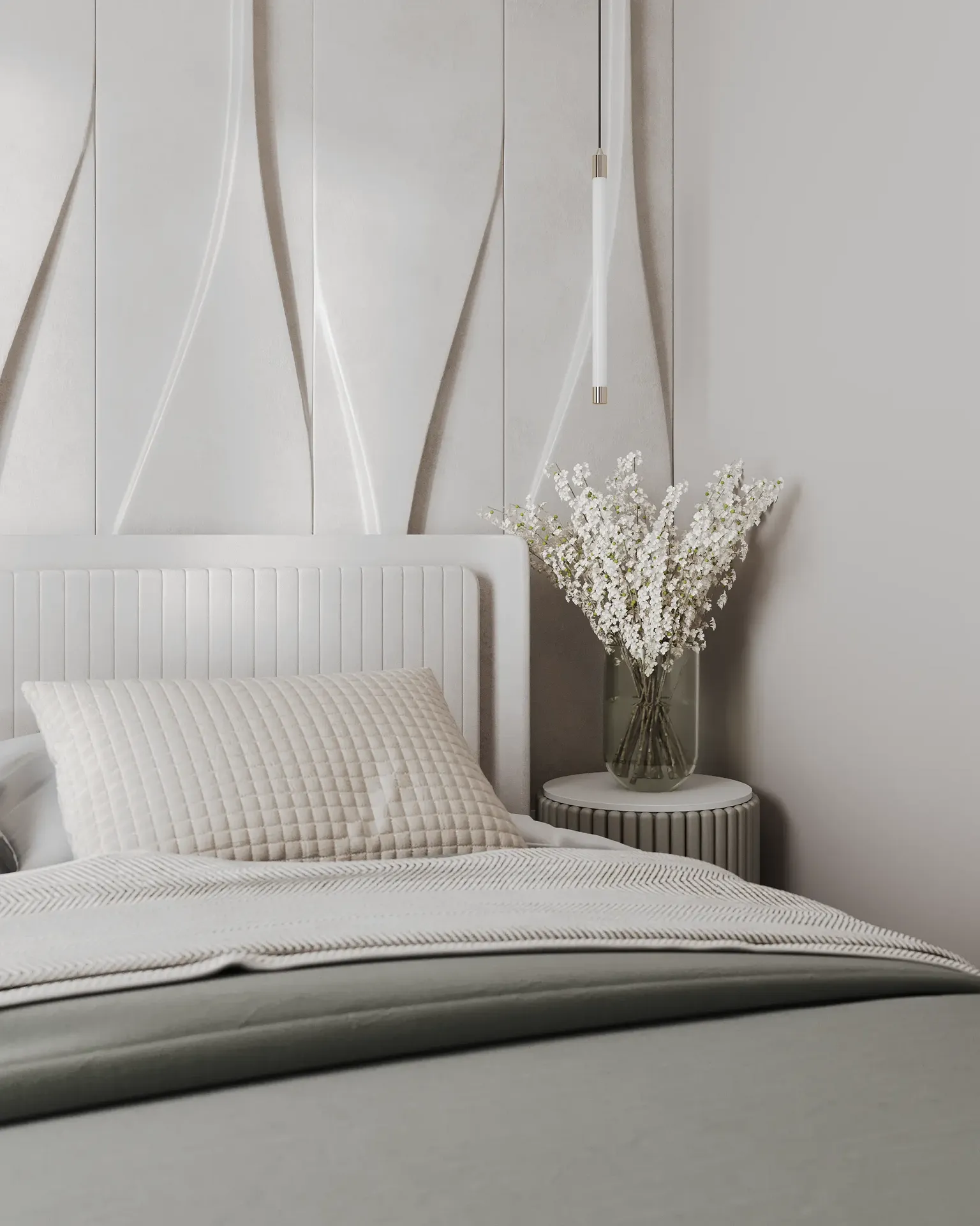 Detail shot of premium bedding texture and nightstand decor