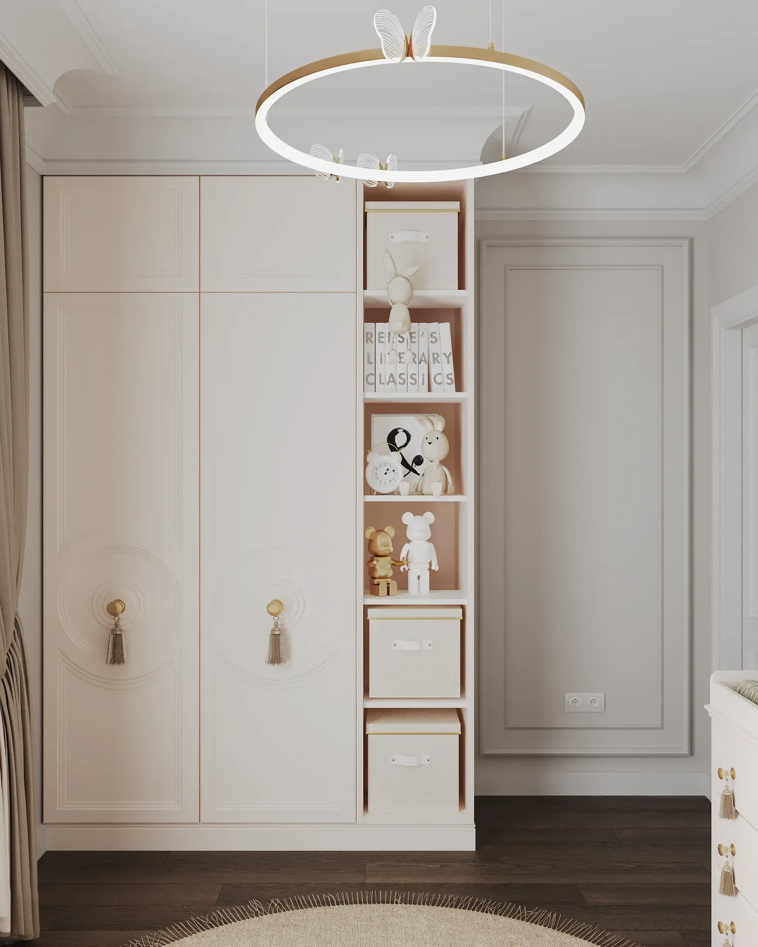 Child's wardrobe design featuring open shelving for toys