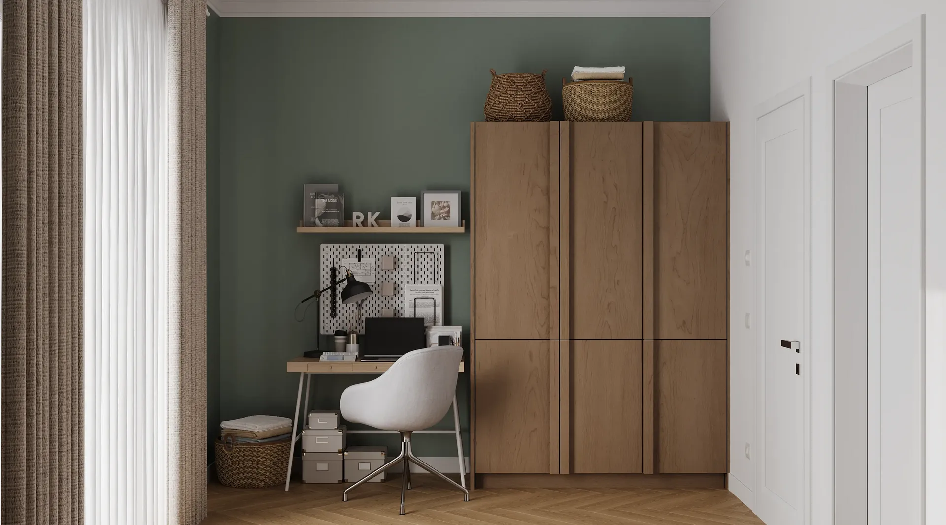 Front view of a workspace desk and wardrobe.