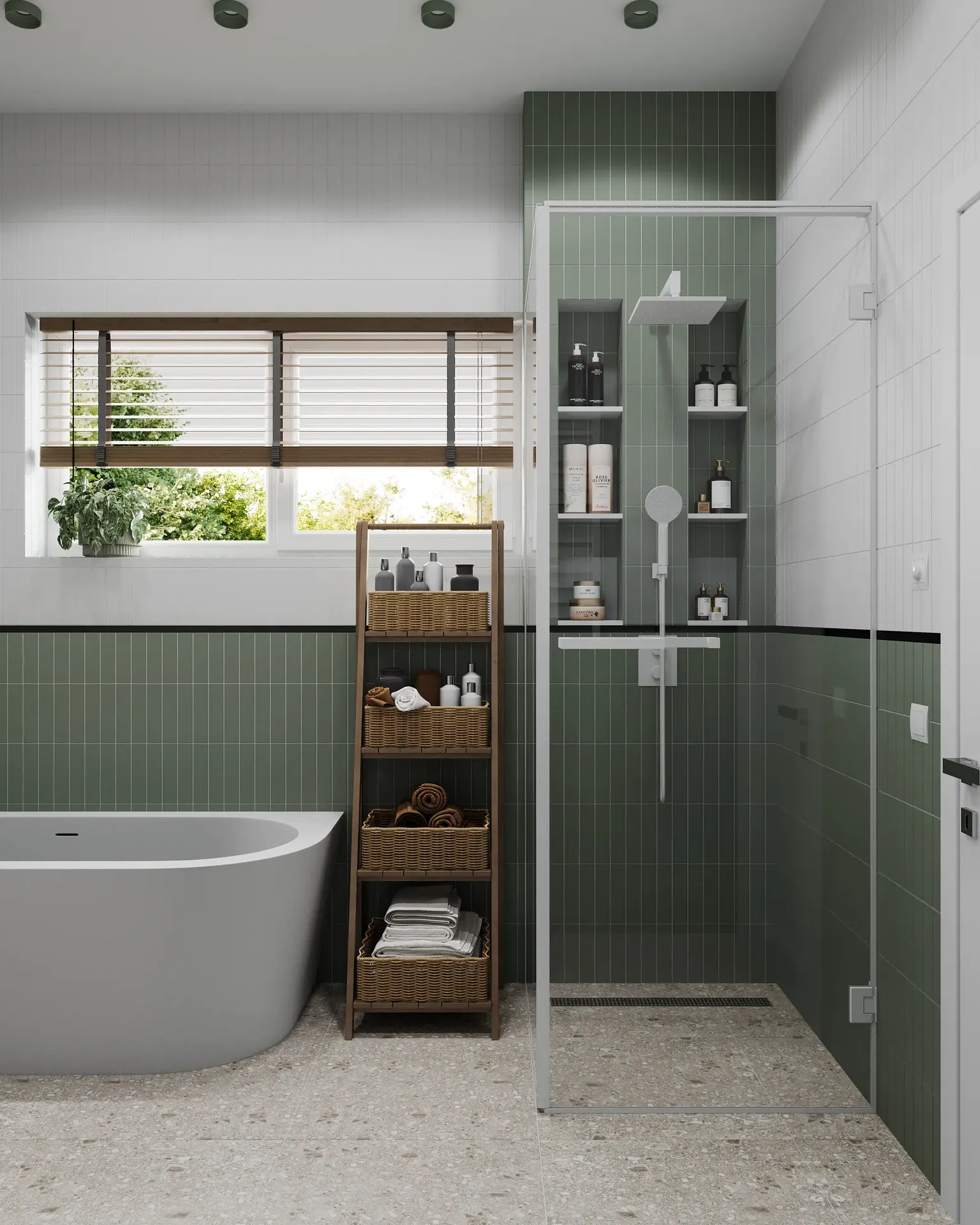 Shower cabin with built-in shelves, part of the bath, and rack.