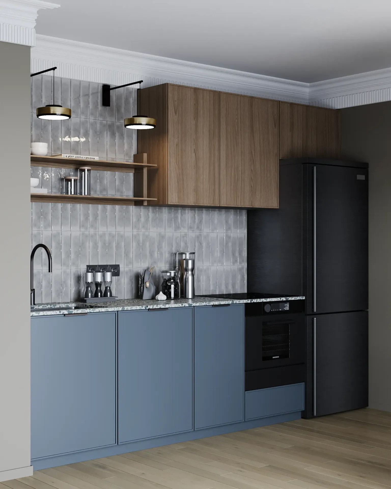 Kitchen view showing cabinetry and a refrigerator.